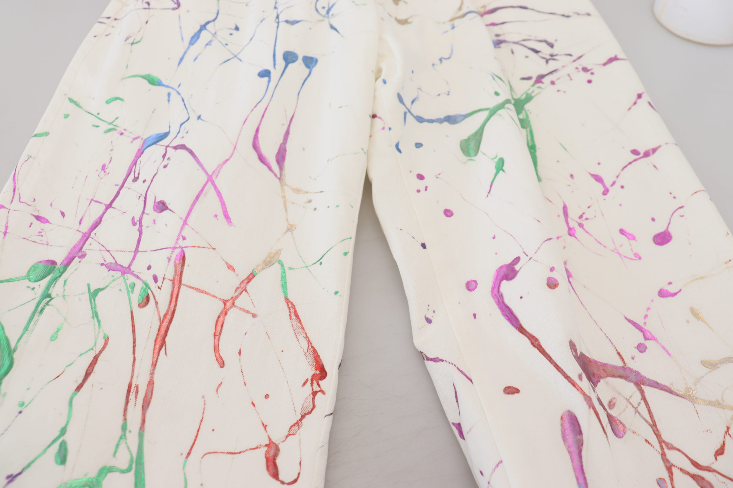 Dolce & Gabbana White Cotton Color Splash Print Denim Pants Dolce & Gabbana