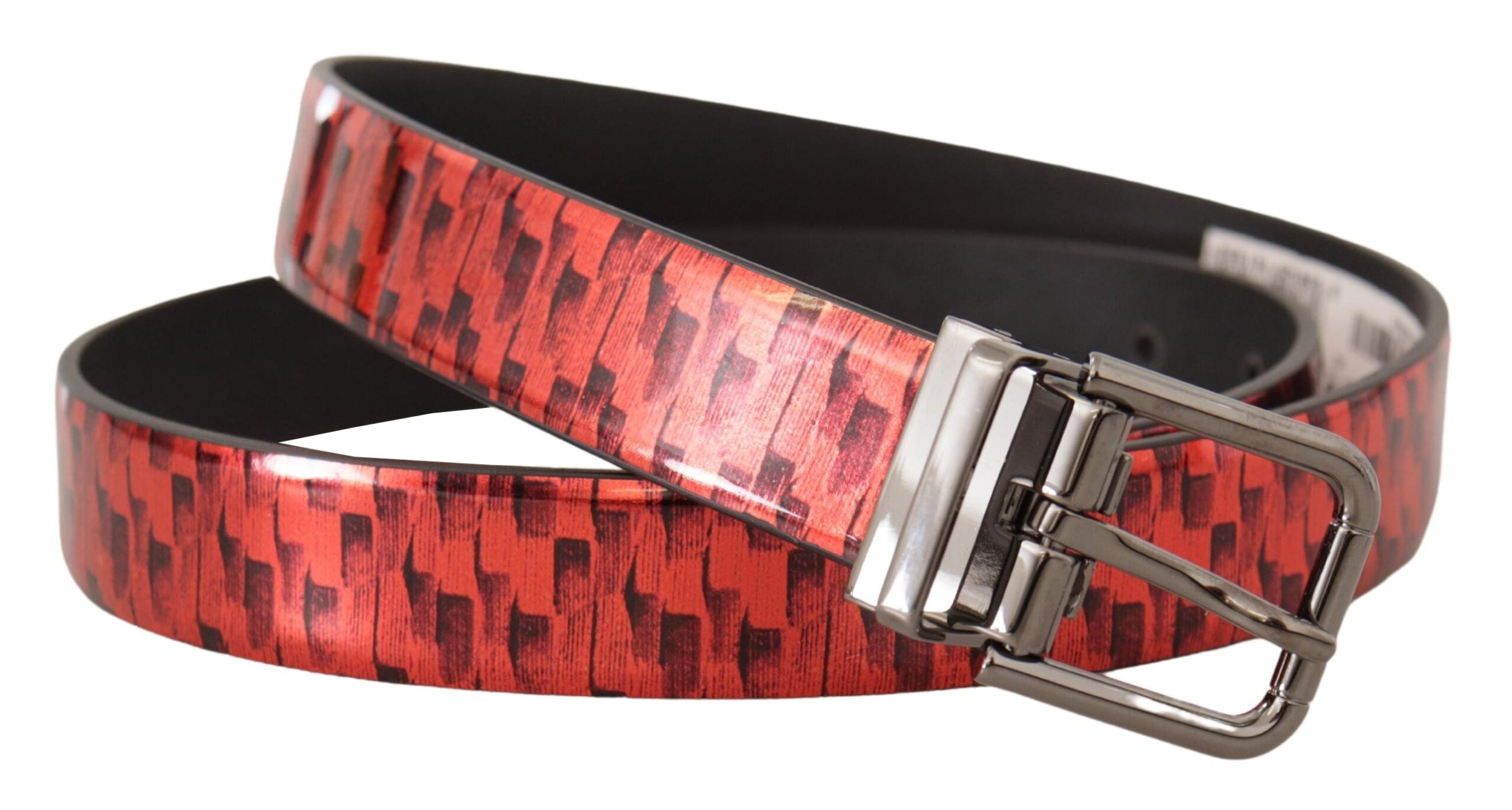 Dolce & Gabbana Red Herringbone Leather Gray Tone Buckle Belt Dolce & Gabbana