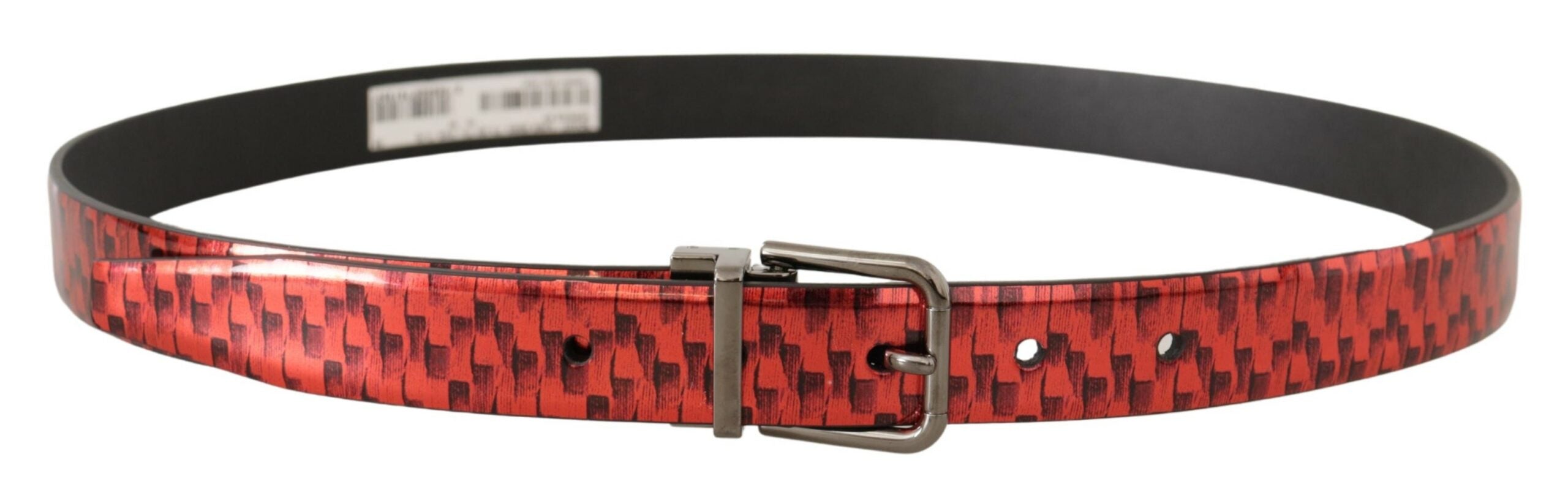 Dolce & Gabbana Red Herringbone Leather Gray Tone Buckle Belt Dolce & Gabbana