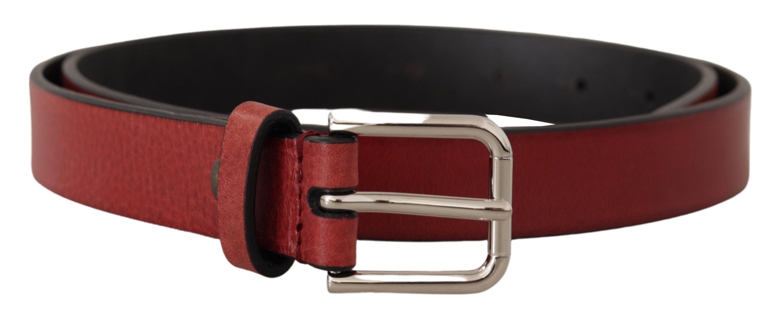 Dolce & Gabbana Maroon Vitello Leather Silver Metal Belt Dolce & Gabbana