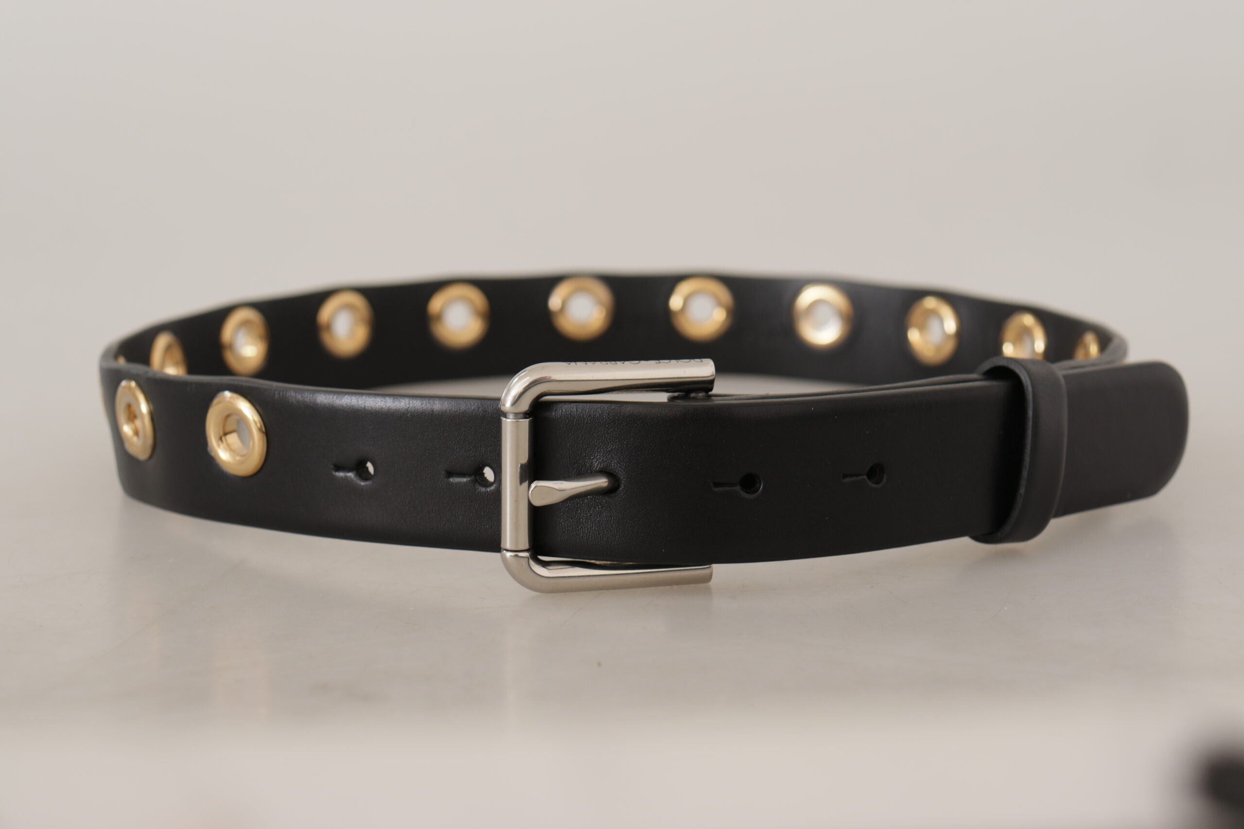 Dolce & Gabbana Black Leather Eyelet Silver Tone Metal Buckle Belt Dolce & Gabbana