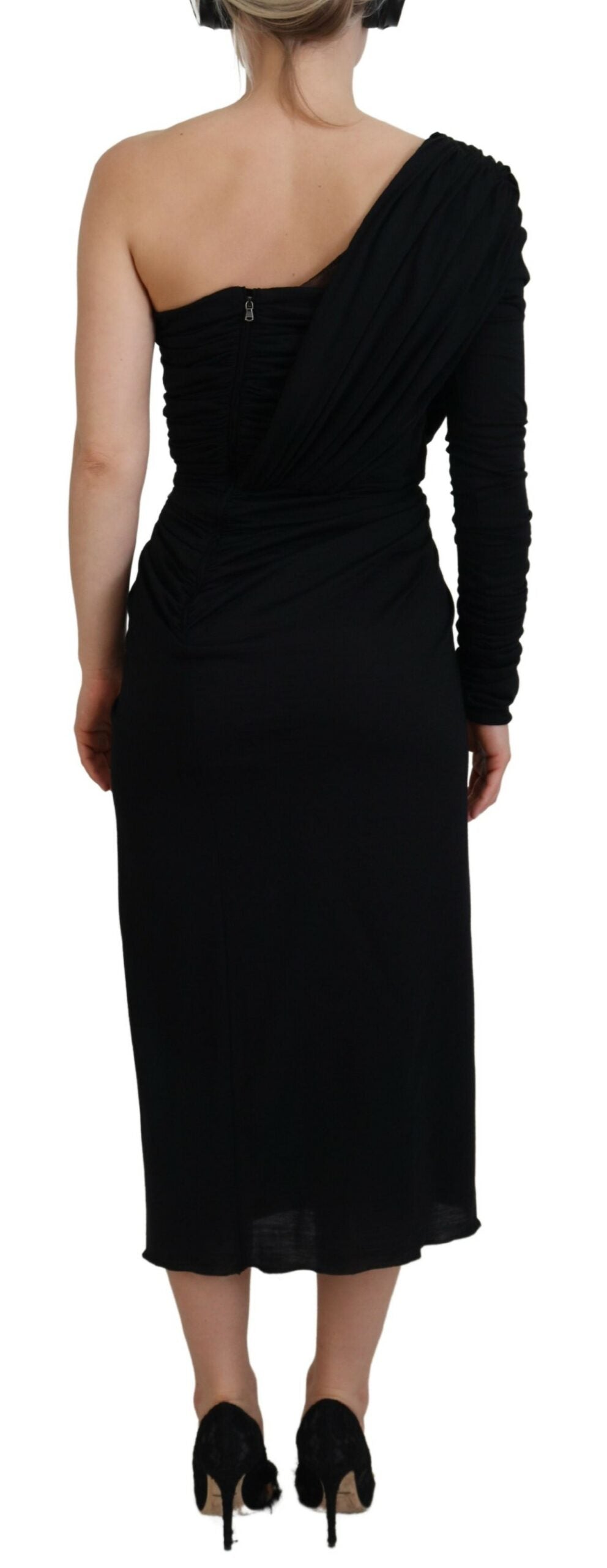 Dolce & Gabbana Black Wrap Sheath One Shoulder Wool Dress Dolce & Gabbana