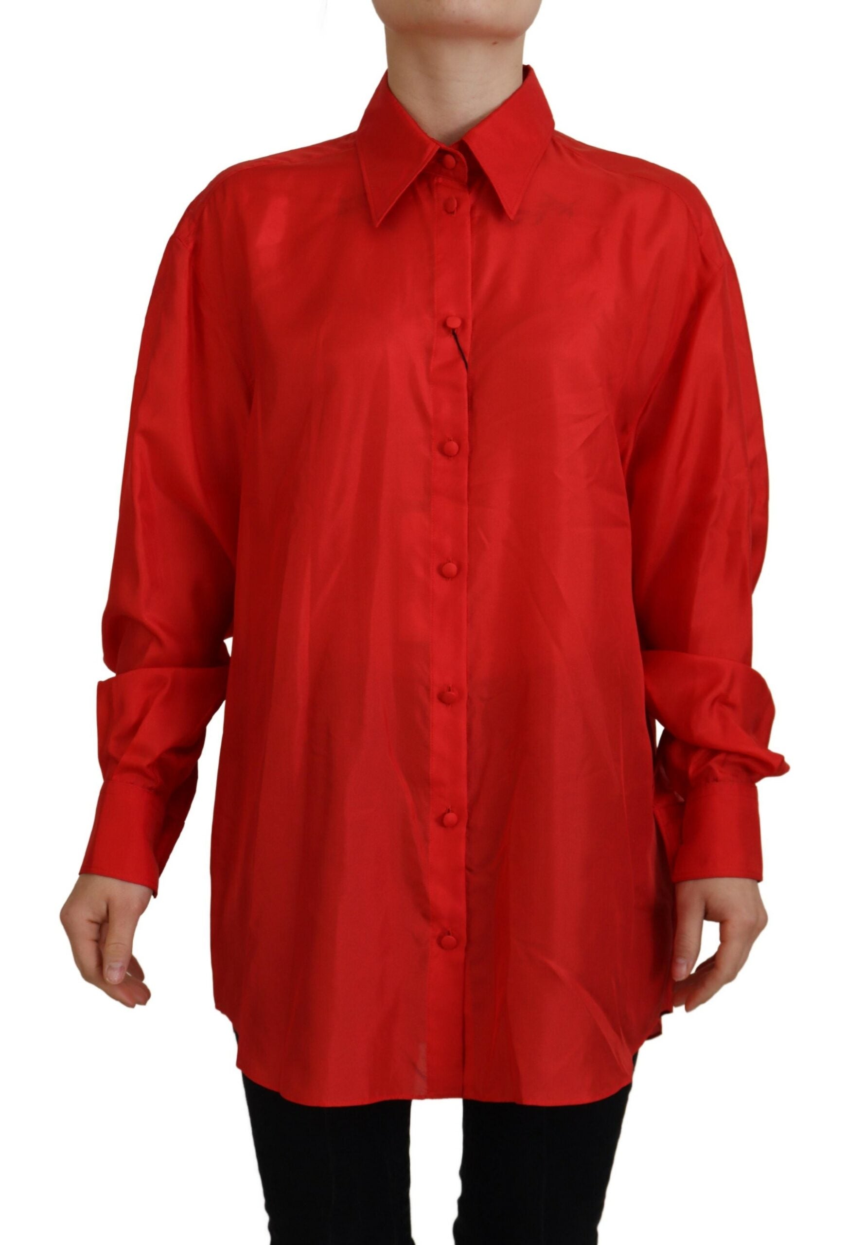 Dolce & Gabbana Red Silk Collared Long Sleeves Dress Shirt Top Dolce & Gabbana
