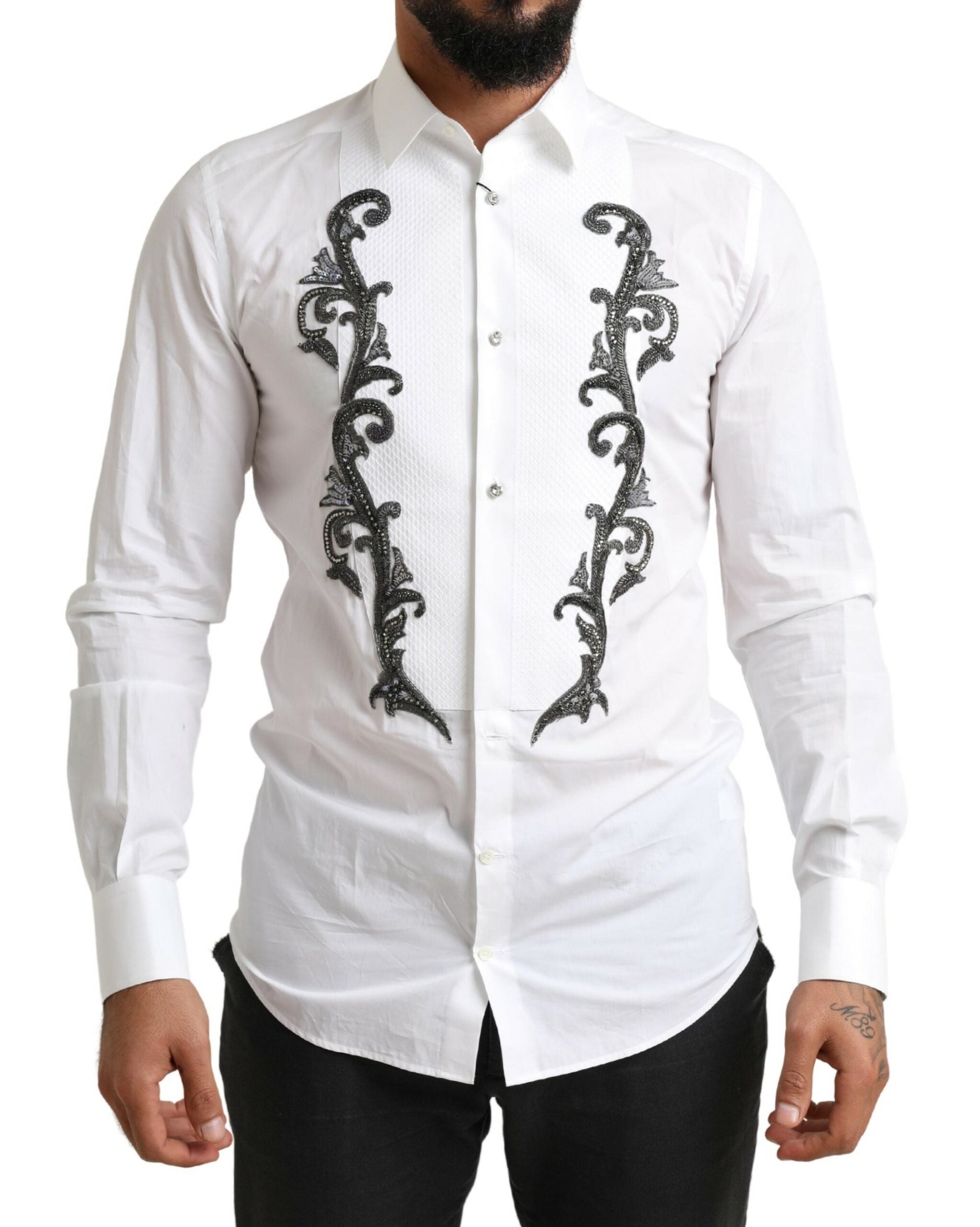 Dolce & Gabbana White Tuxedo Slim Fit Baroque Shirt Dolce & Gabbana