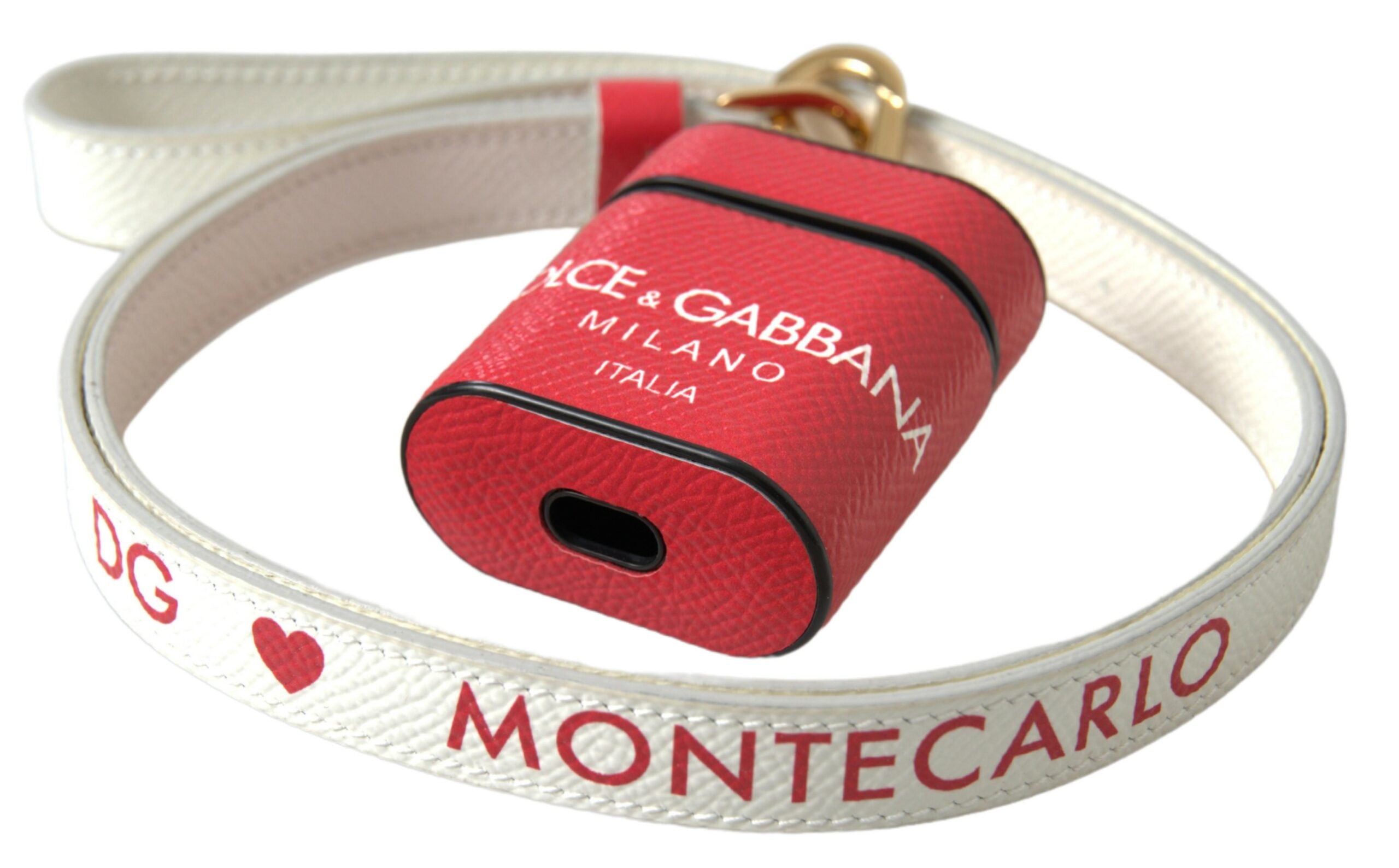 Dolce & Gabbana Red Leather Gold Tone Metal Logo Print Strap Airpods Case Dolce & Gabbana