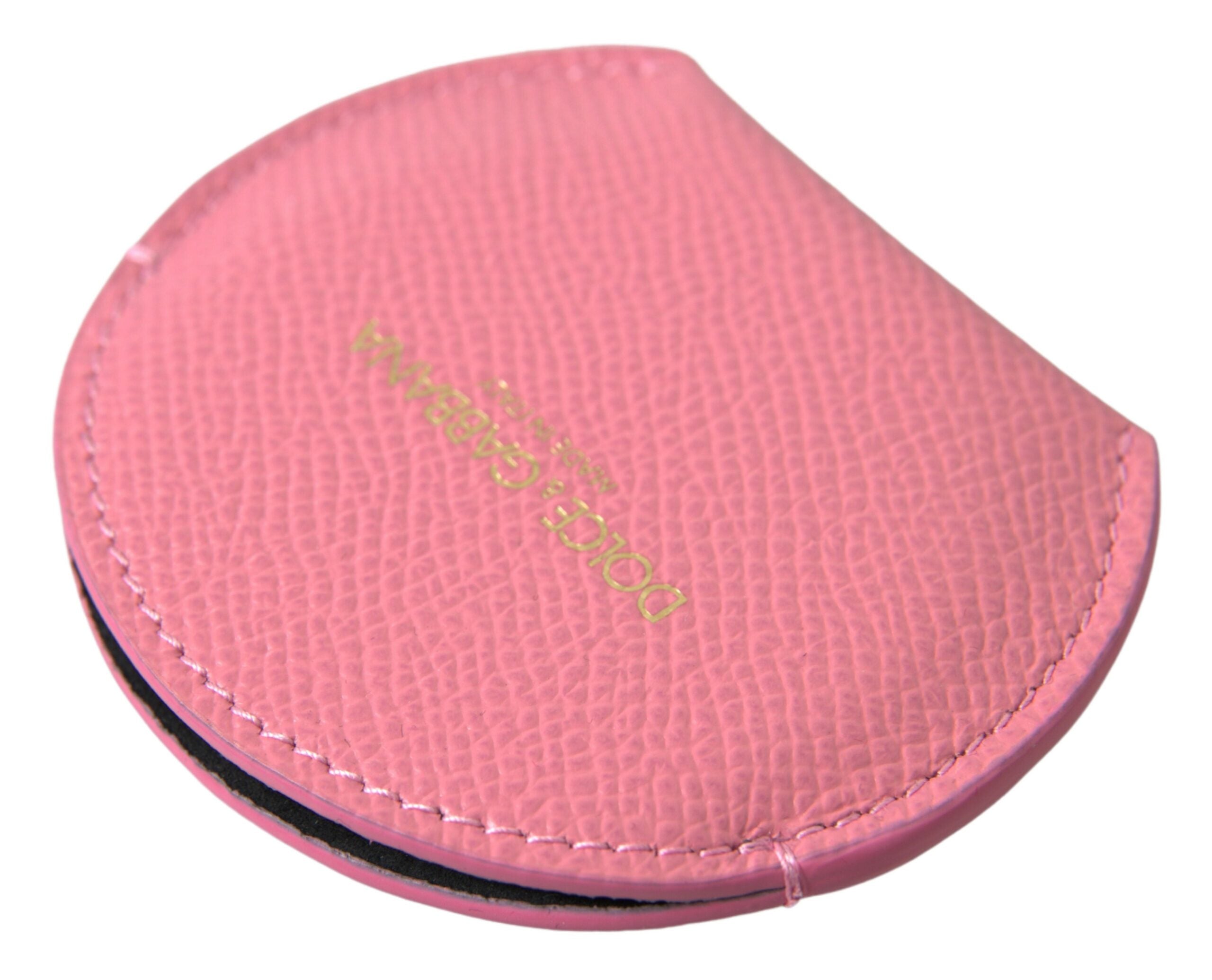 Dolce & Gabbana Pink Calfskin Leather Round Logo Print Hand Mirror Holder Dolce & Gabbana