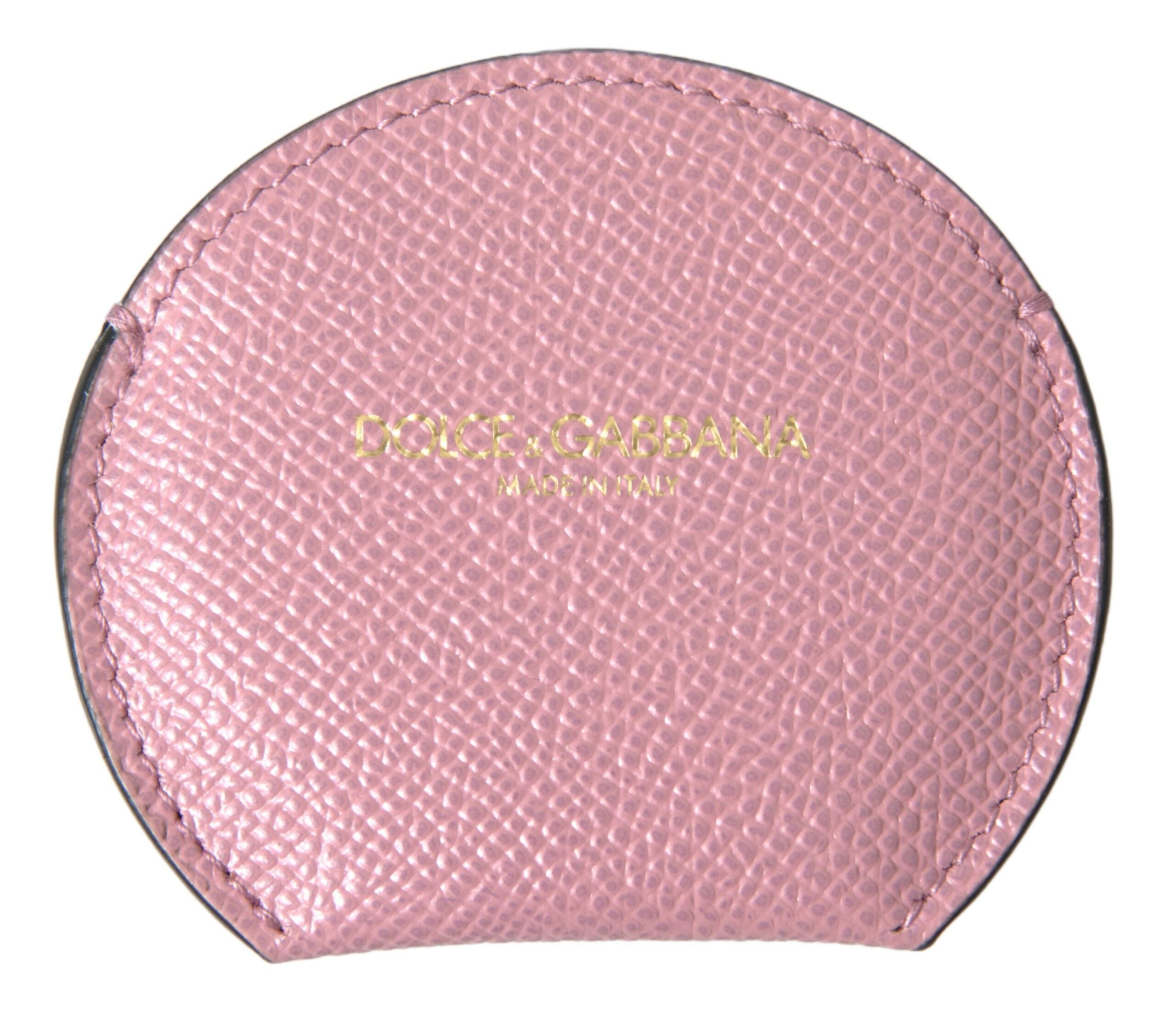 Dolce & Gabbana Pink Calfskin Leather Round Logo Print Hand Mirror Holder Dolce & Gabbana