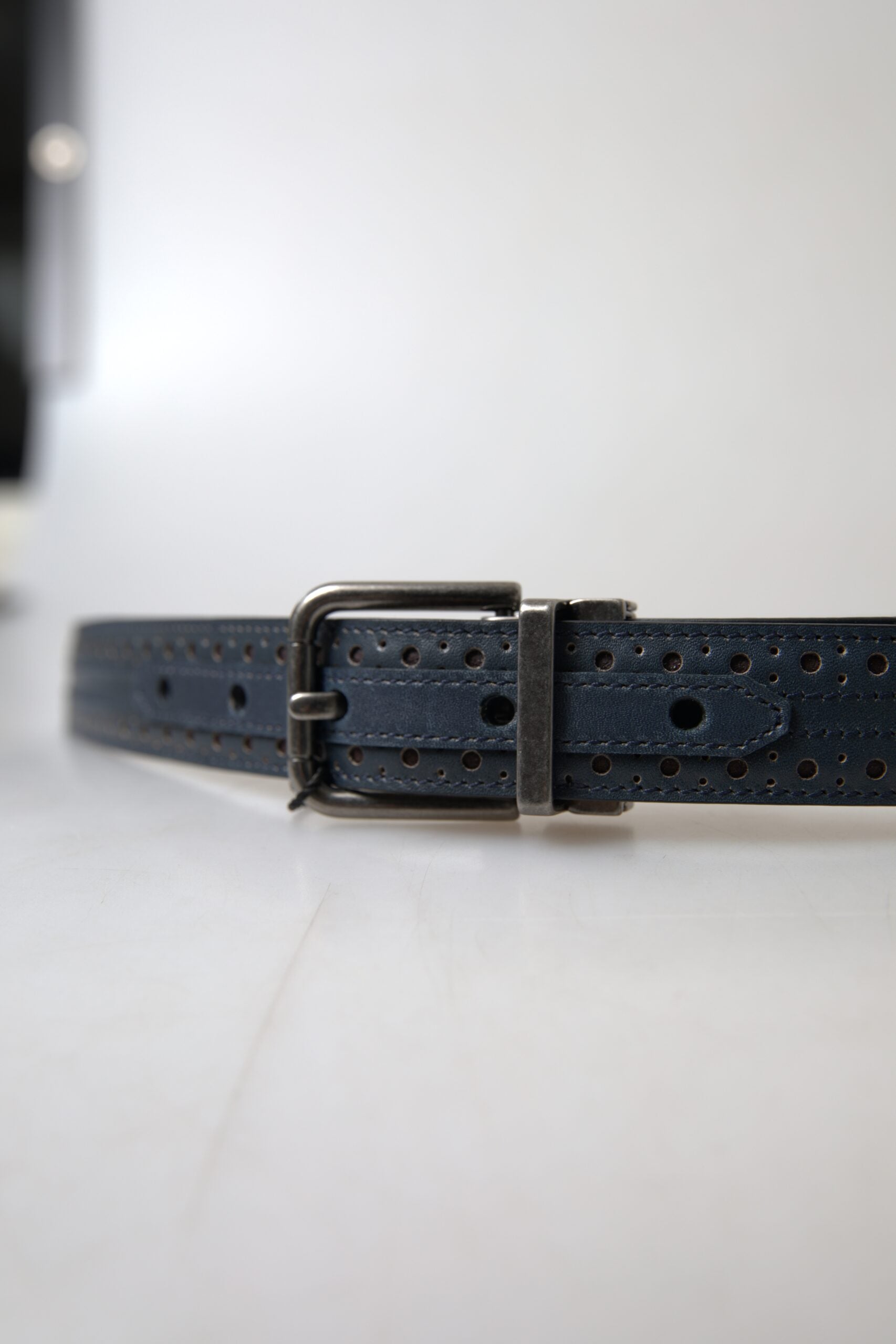 Dolce & Gabbana Blue Leather Perforated Metal Buckle Belt Dolce & Gabbana