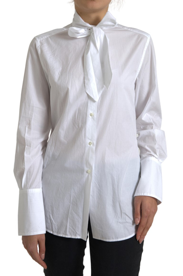 Dolce & Gabbana White Cotton Ascot Collar Long Sleeves Top Dolce & Gabbana