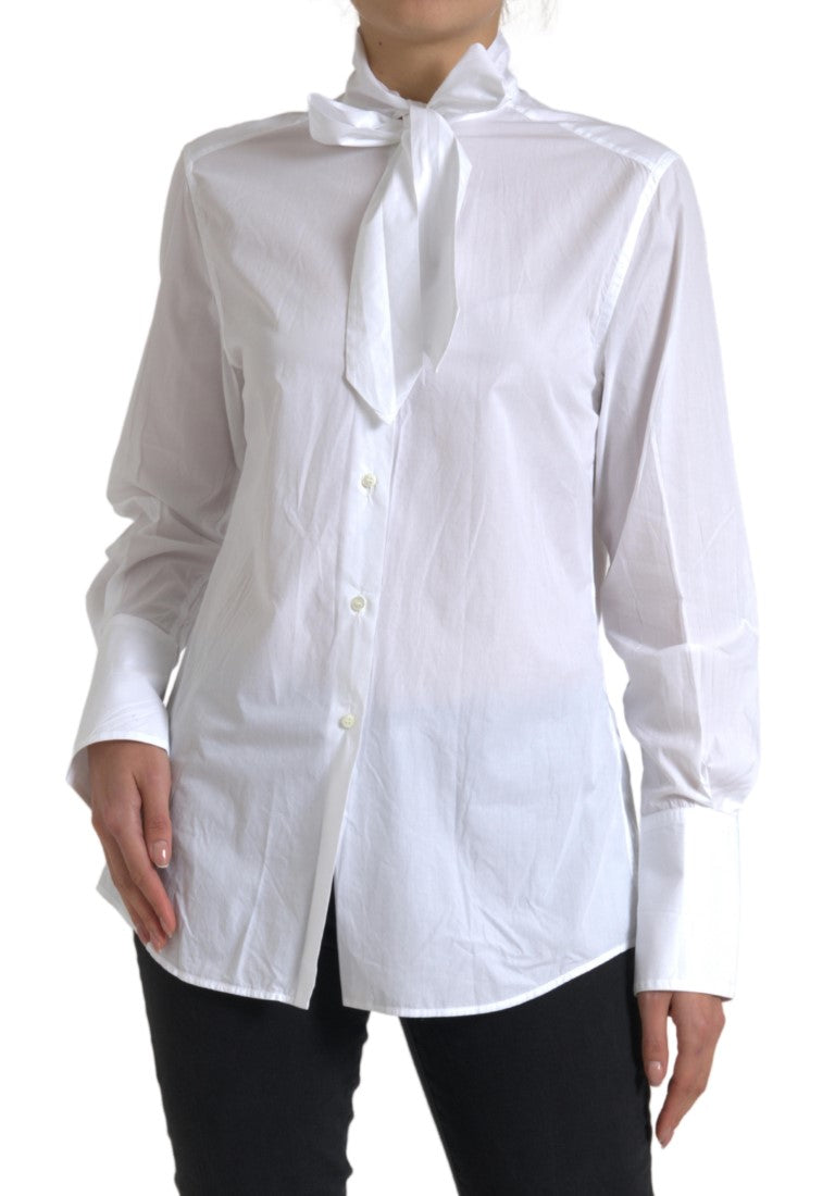 Dolce & Gabbana White Cotton Ascot Collar Long Sleeves Top Dolce & Gabbana