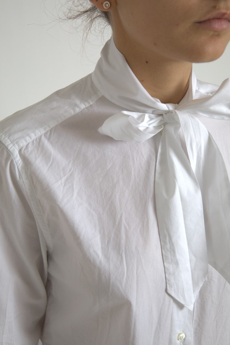 Dolce & Gabbana White Cotton Ascot Collar Long Sleeves Top Dolce & Gabbana