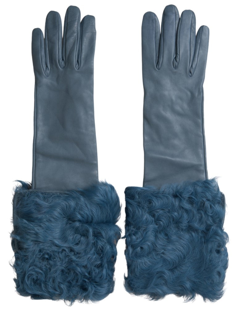 Dolce & Gabbana Blue Leather Fur Mid Arm Length Gloves Dolce & Gabbana