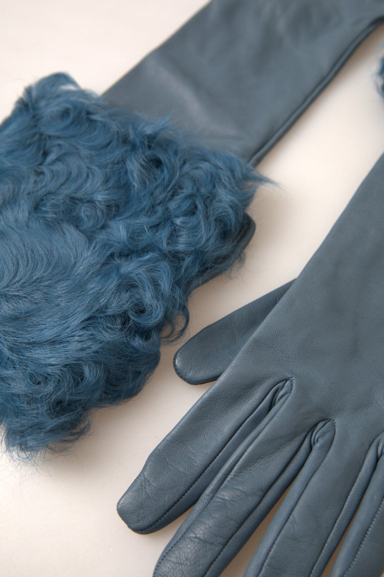Dolce & Gabbana Blue Leather Fur Mid Arm Length Gloves Dolce & Gabbana