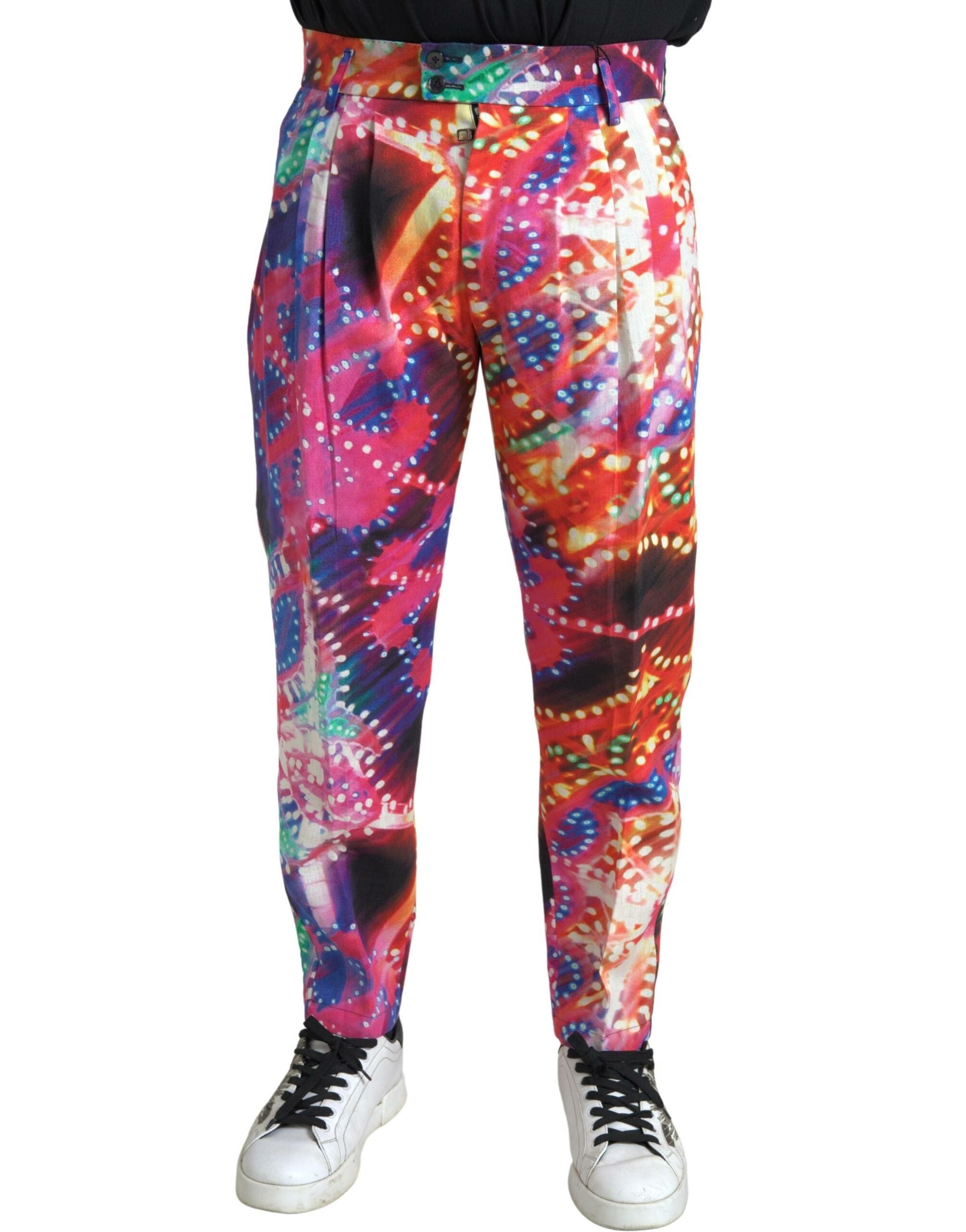 Dolce & Gabbana Multicolor Printed Linen Men Trouser Pants Dolce & Gabbana