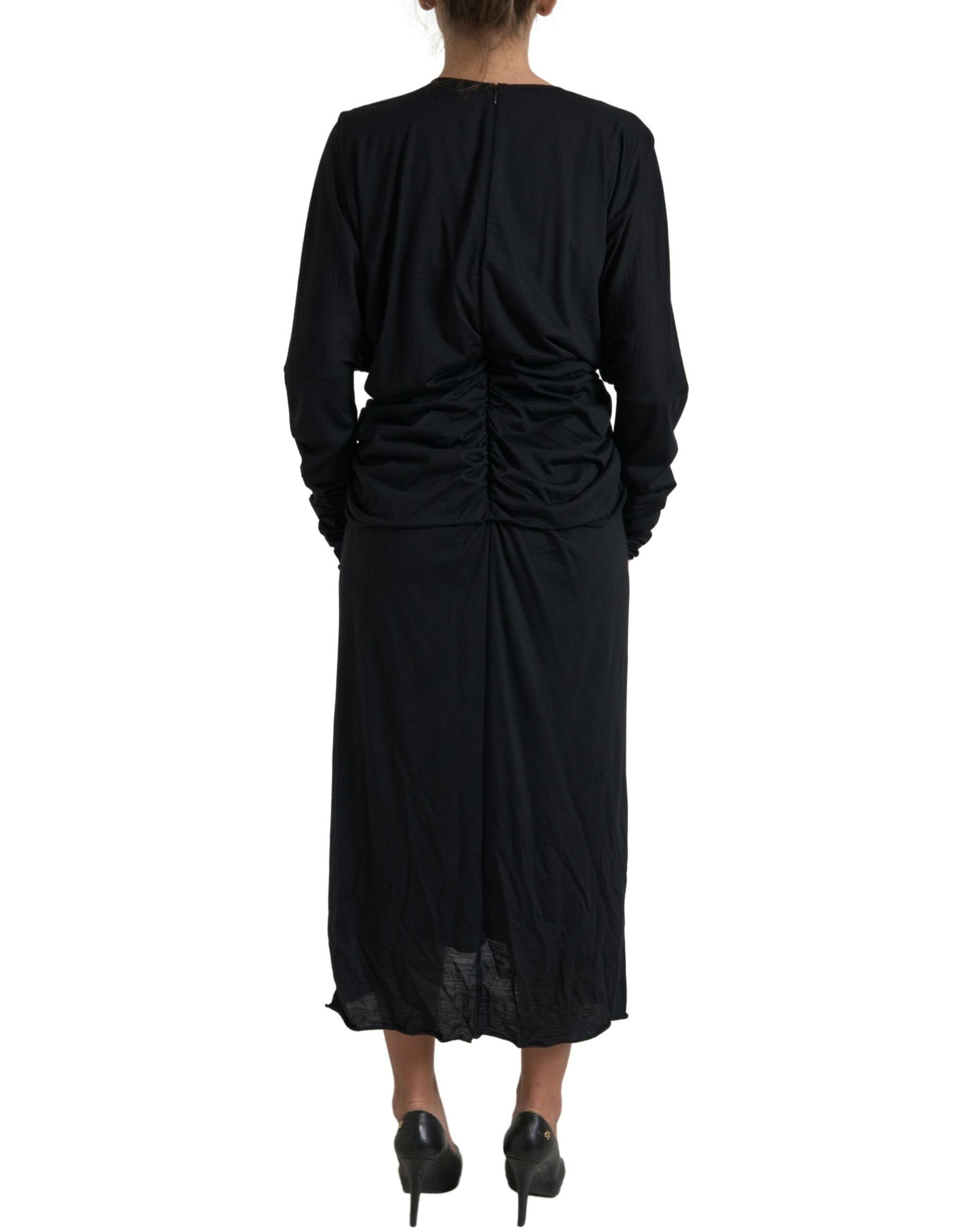 Dolce & Gabbana Black Wool Wrap Sheath Midi Gown Dress Dolce & Gabbana