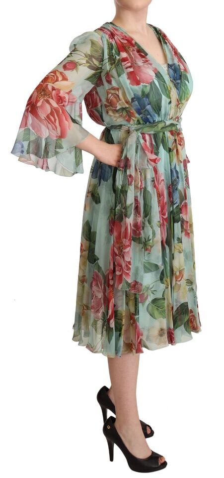 Dolce & Gabbana Multicolor Green Floral Silk Wrap Midi Dress Dolce & Gabbana