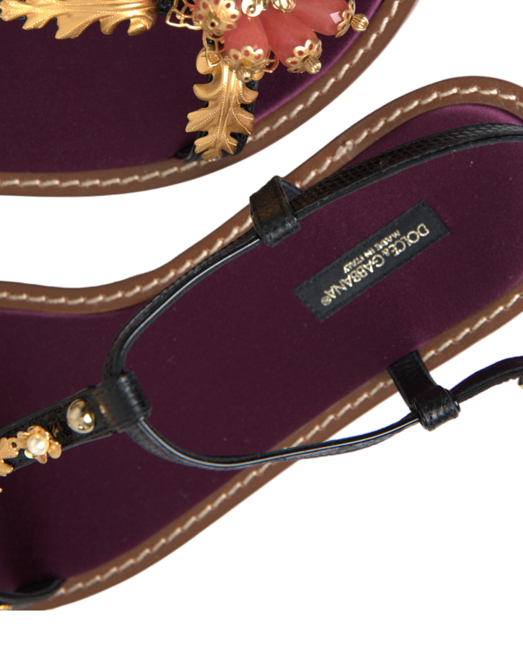 Dolce & Gabbana Black Crystal Gold Sandals Leather Shoes Dolce & Gabbana