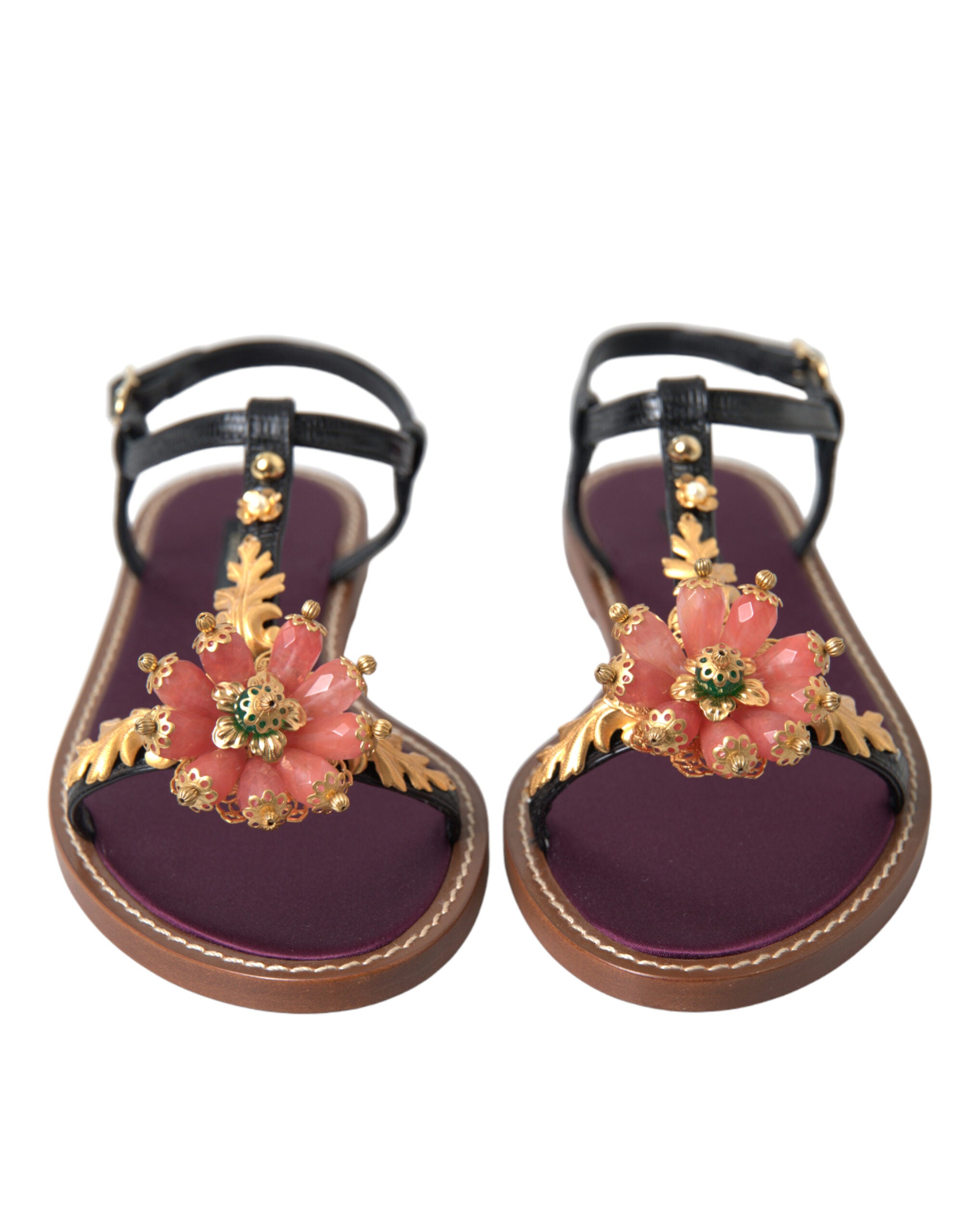 Dolce & Gabbana Black Crystal Gold Sandals Leather Shoes Dolce & Gabbana