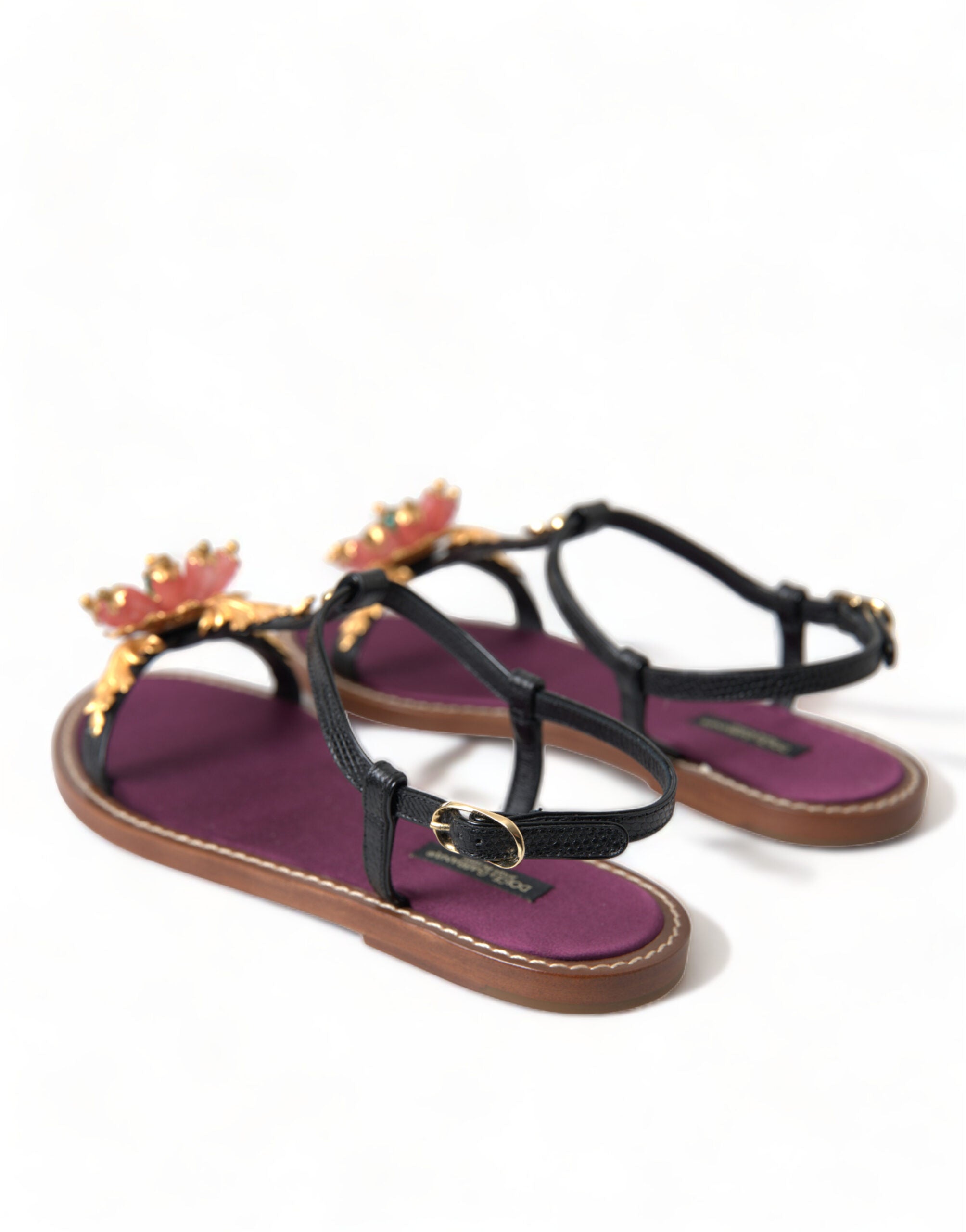 Dolce & Gabbana Black Crystal Gold Sandals Leather Shoes Dolce & Gabbana