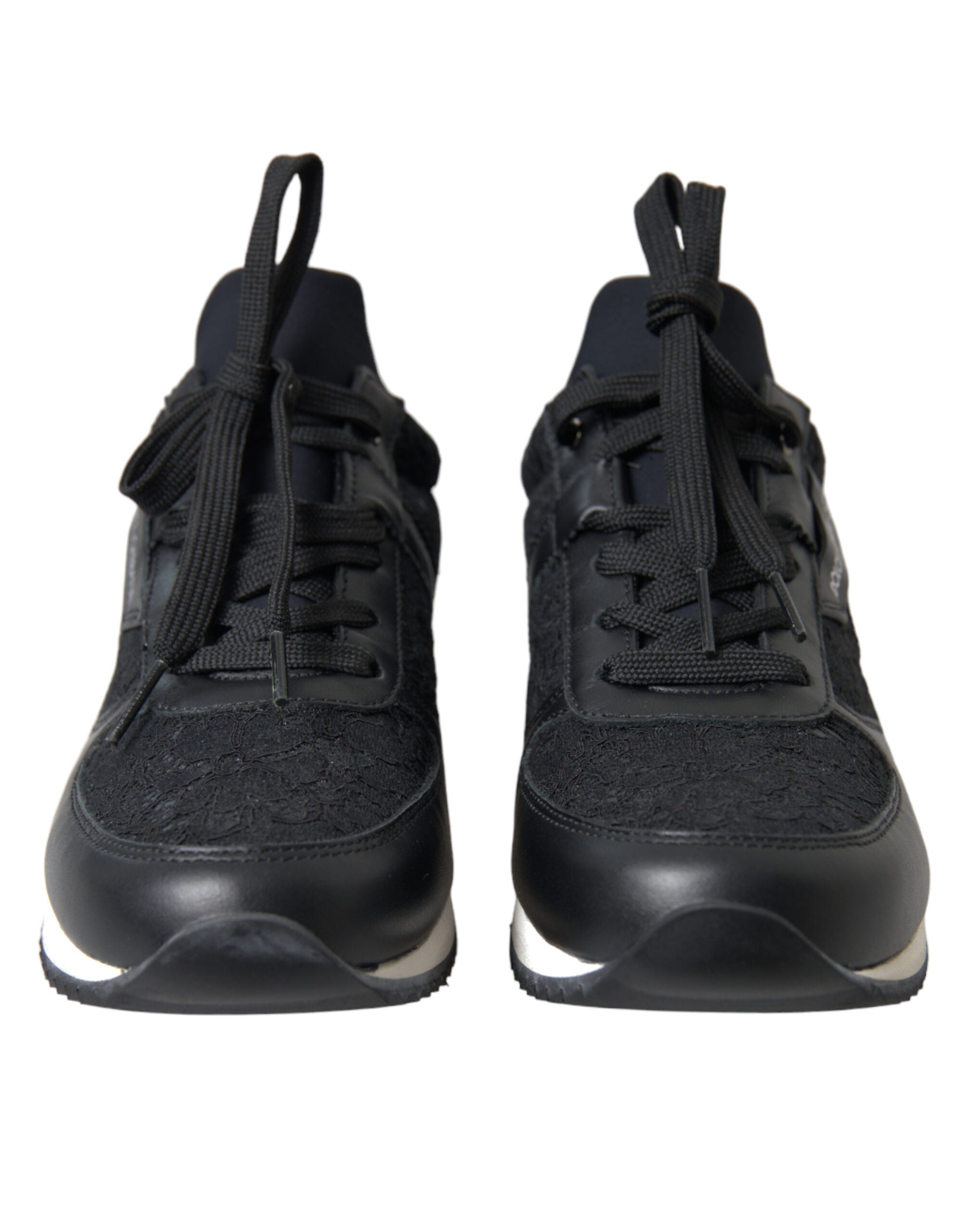 Dolce & Gabbana Black Floral Lace Leather Sneakers Shoes Dolce & Gabbana