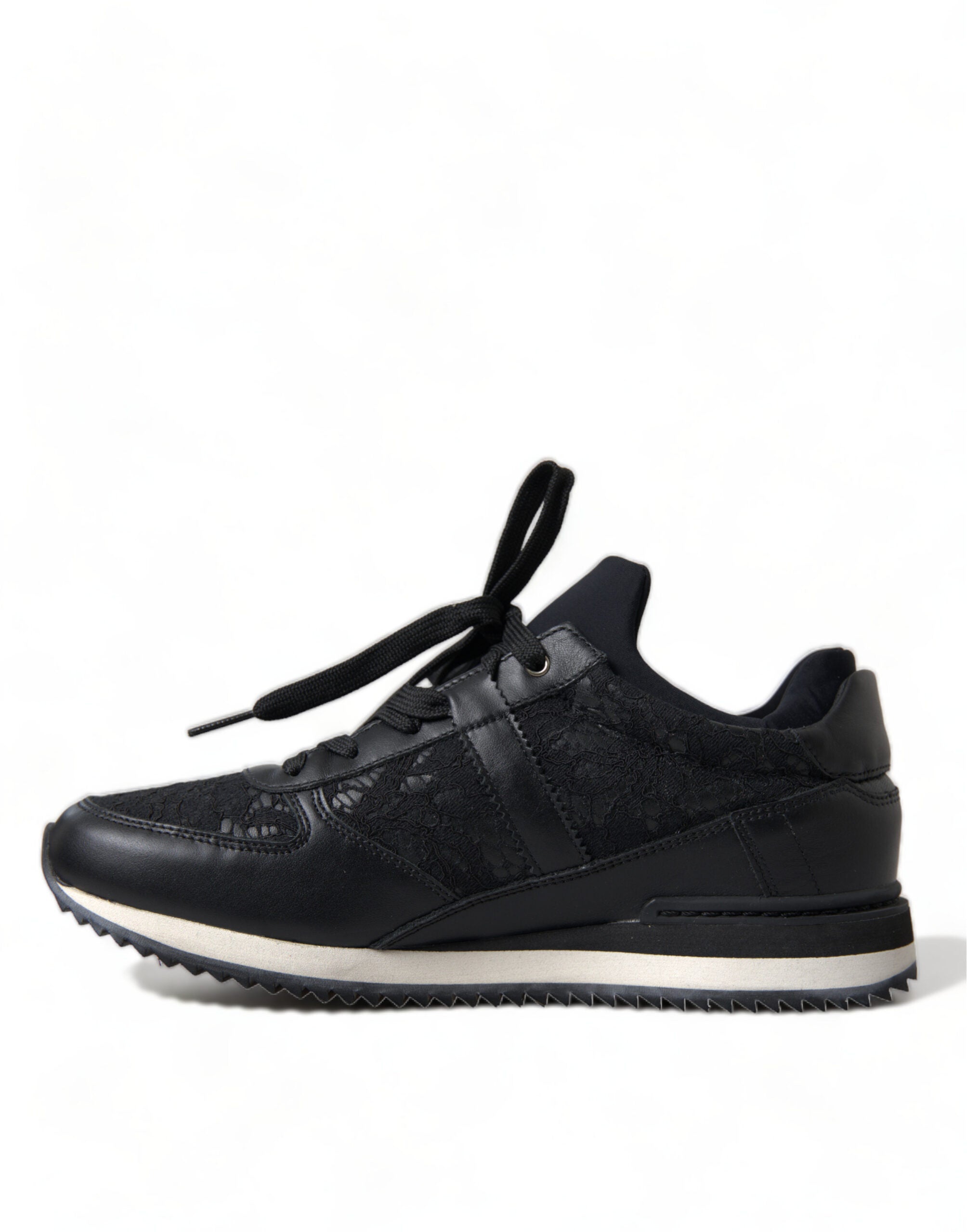 Dolce & Gabbana Black Floral Lace Leather Sneakers Shoes Dolce & Gabbana