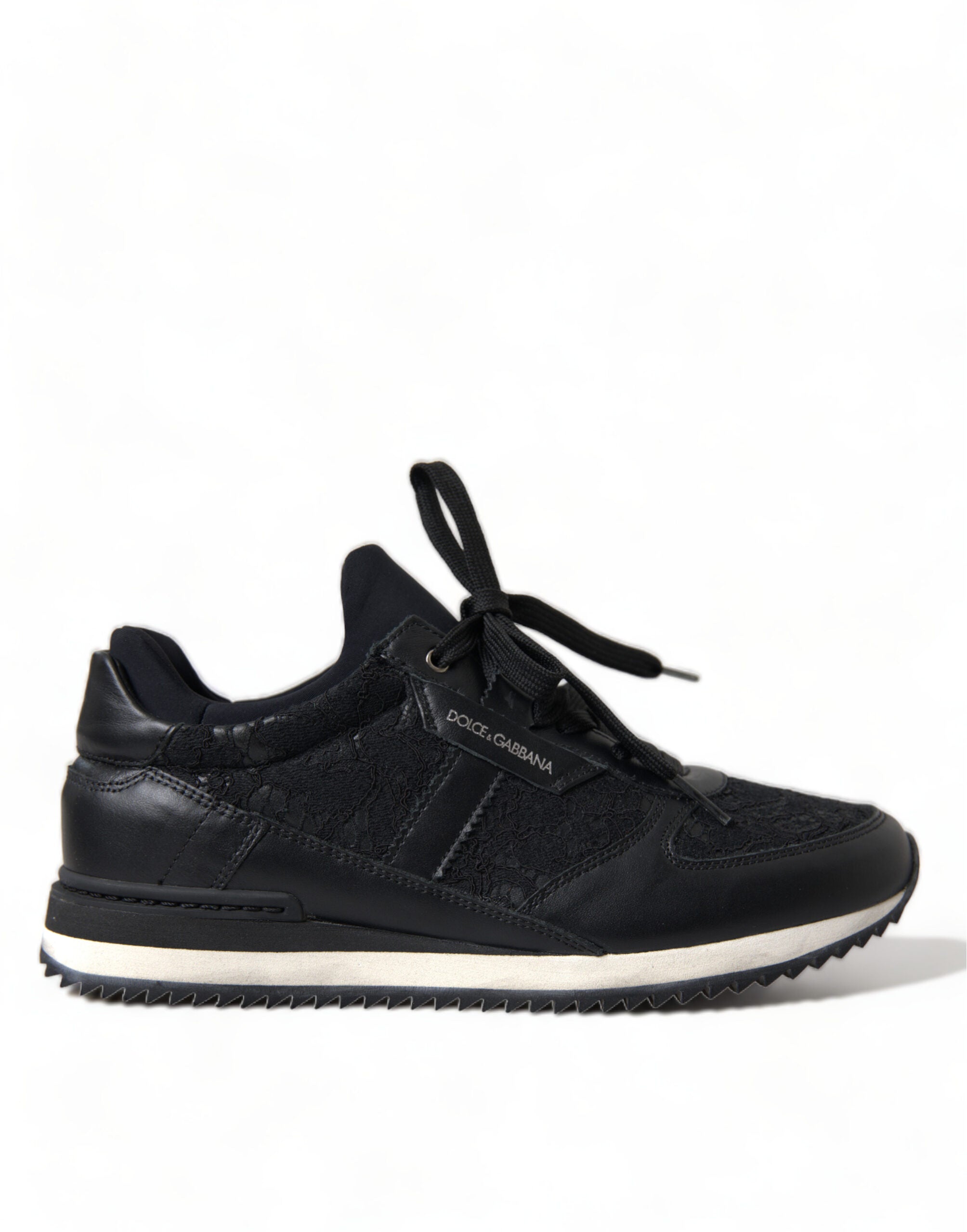 Dolce & Gabbana Black Floral Lace Leather Sneakers Shoes Dolce & Gabbana
