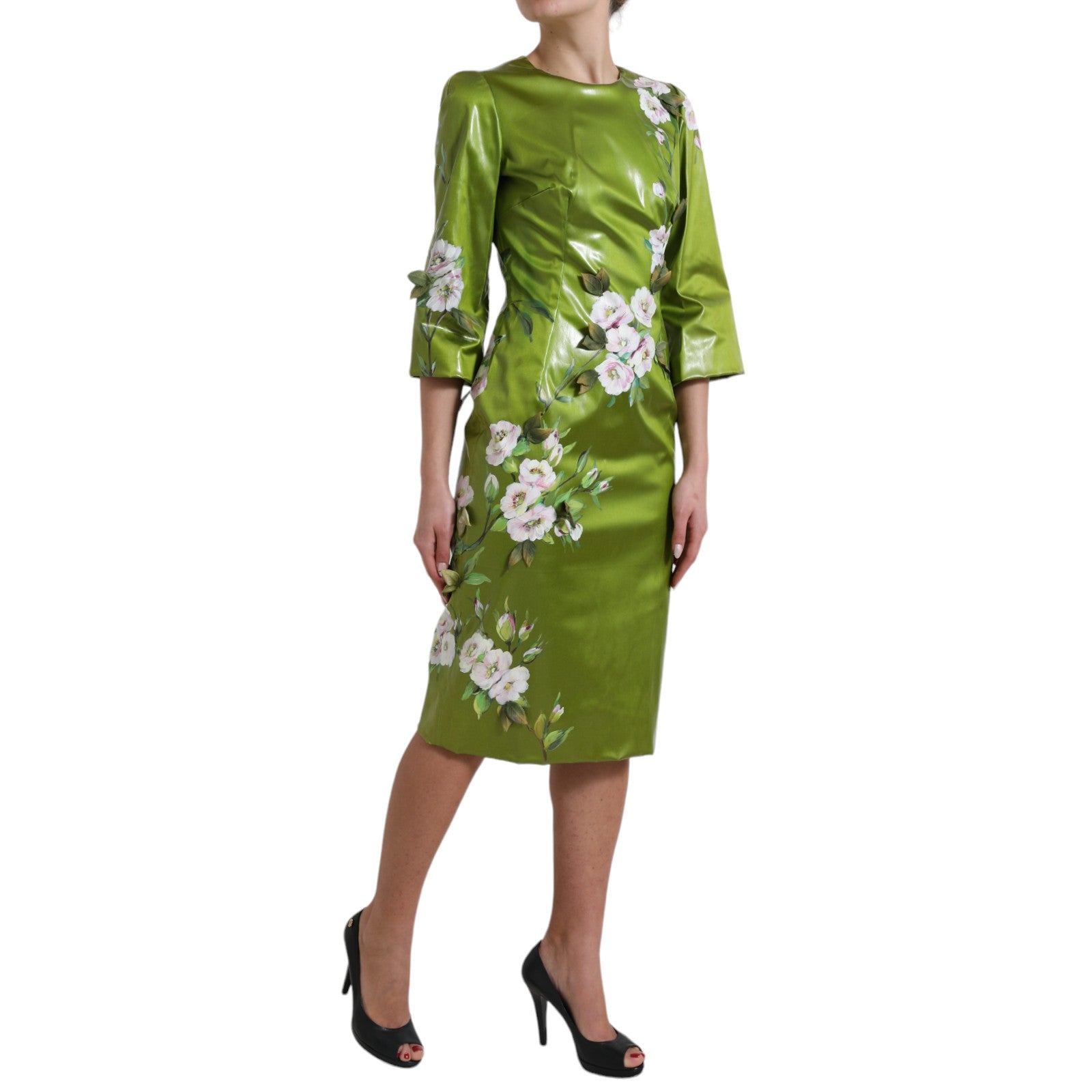 Dolce & Gabbana Green Floral Embellished Sheath Midi Dress Dolce & Gabbana