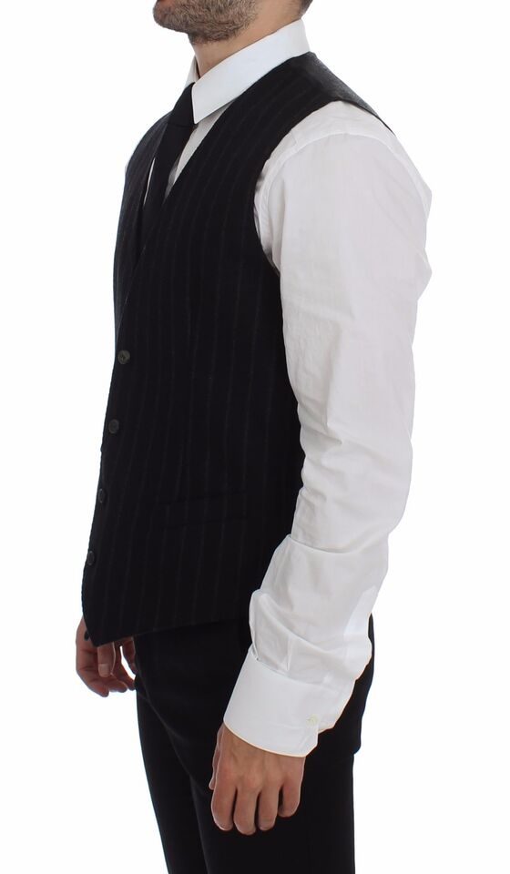 Dolce & Gabbana Black Striped Wool Logo Vest Gilet Weste Dolce & Gabbana