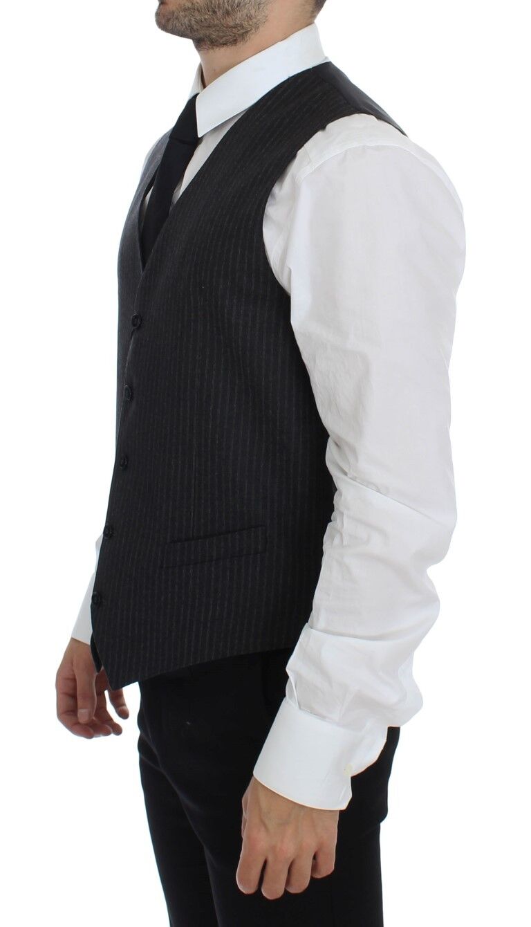 Dolce & Gabbana Gray Striped Wool Single Breasted Vest Dolce & Gabbana