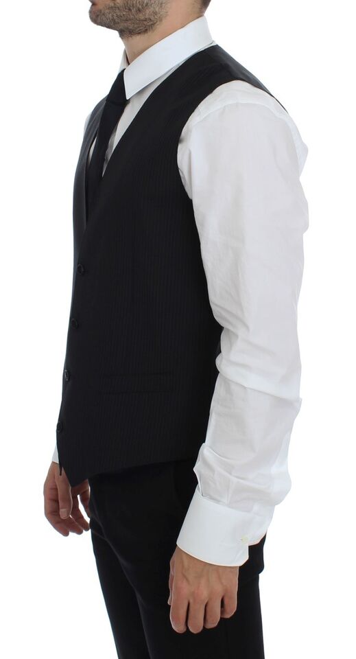 Dolce & Gabbana Black Striped Wool Single Breasted Vest Dolce & Gabbana