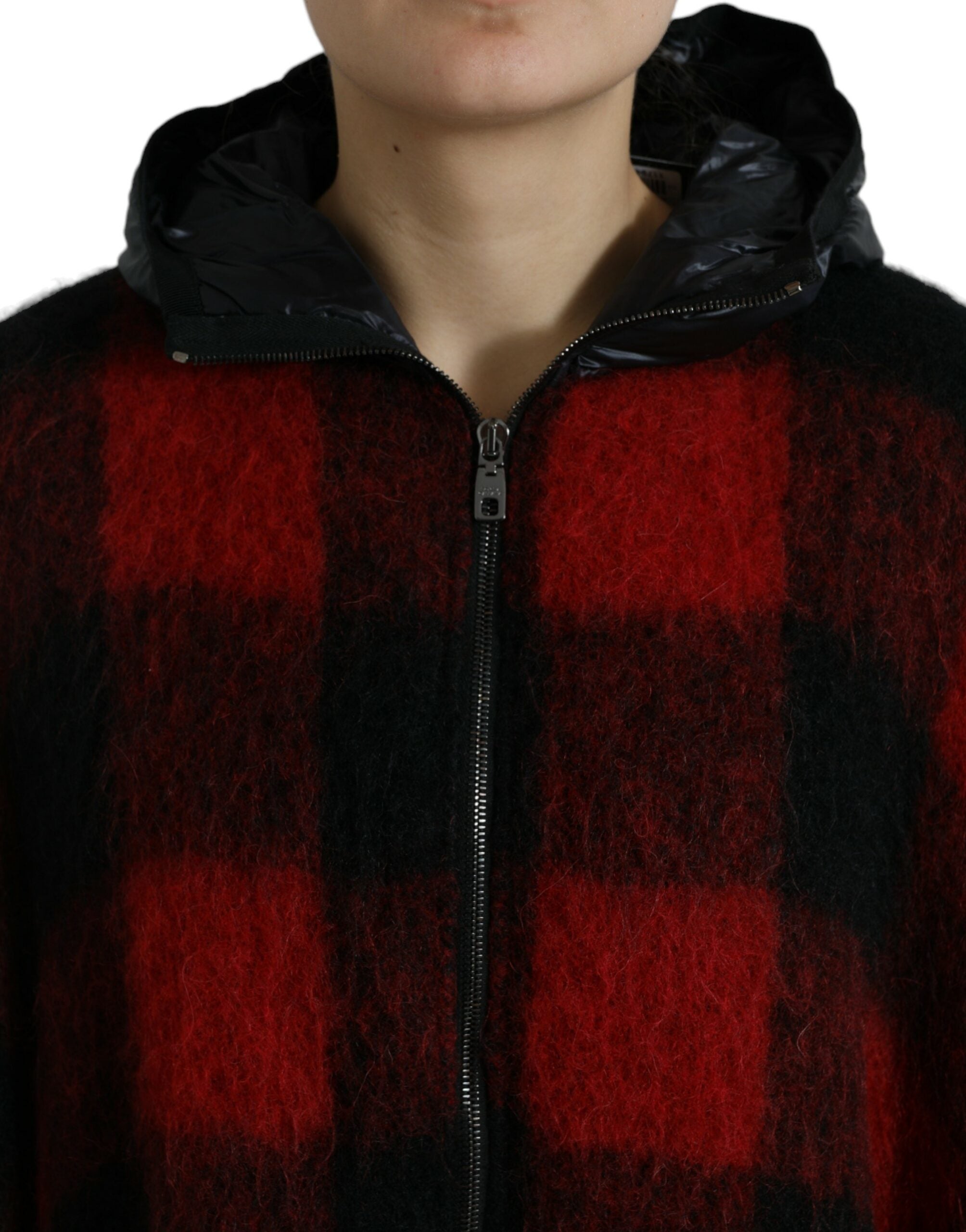 Dolce & Gabbana Black Red Buffalo Check Hooded Poncho Jacket Dolce & Gabbana