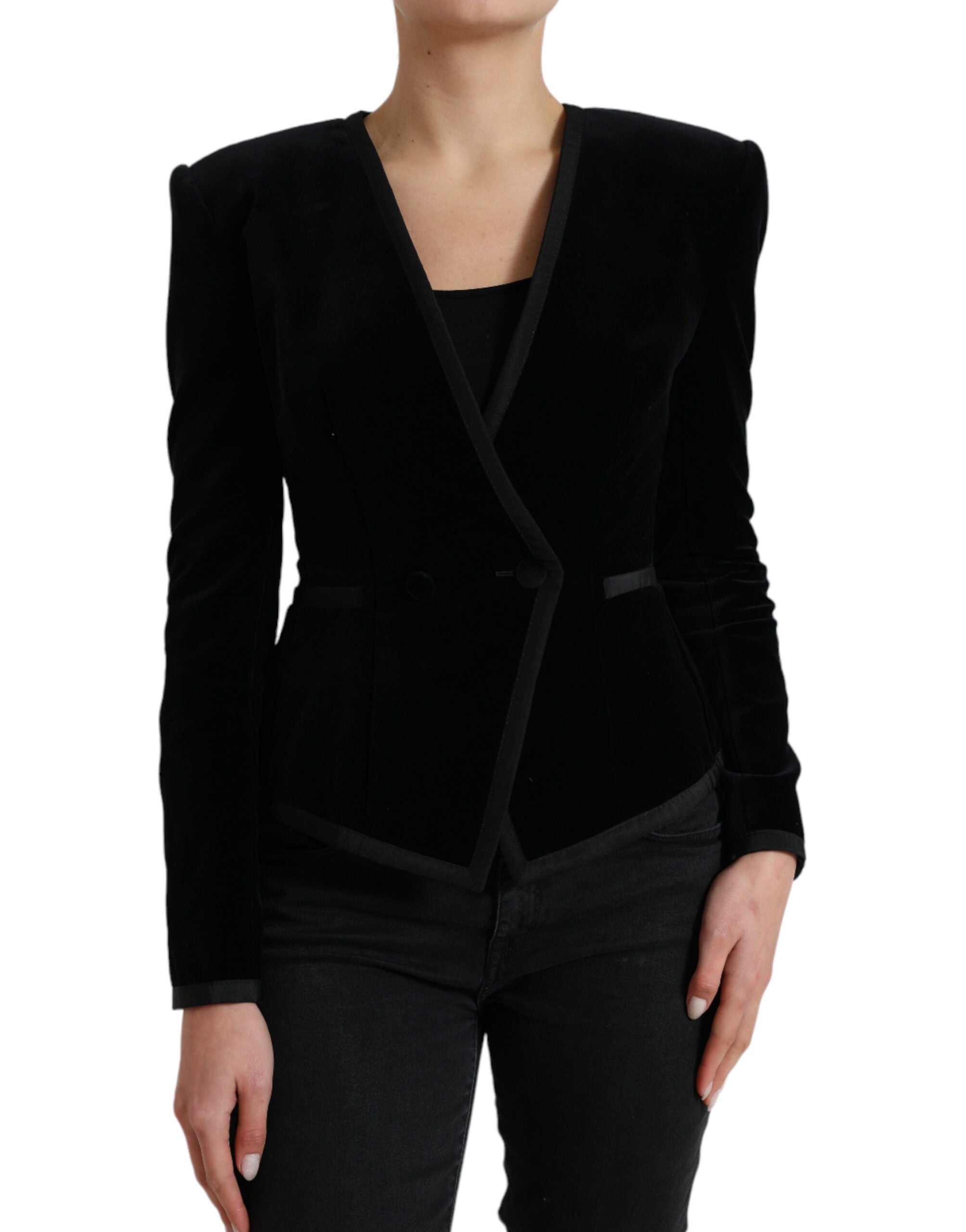 Dolce & Gabbana Black Velvet Cotton Double Breasted Jacket Dolce & Gabbana