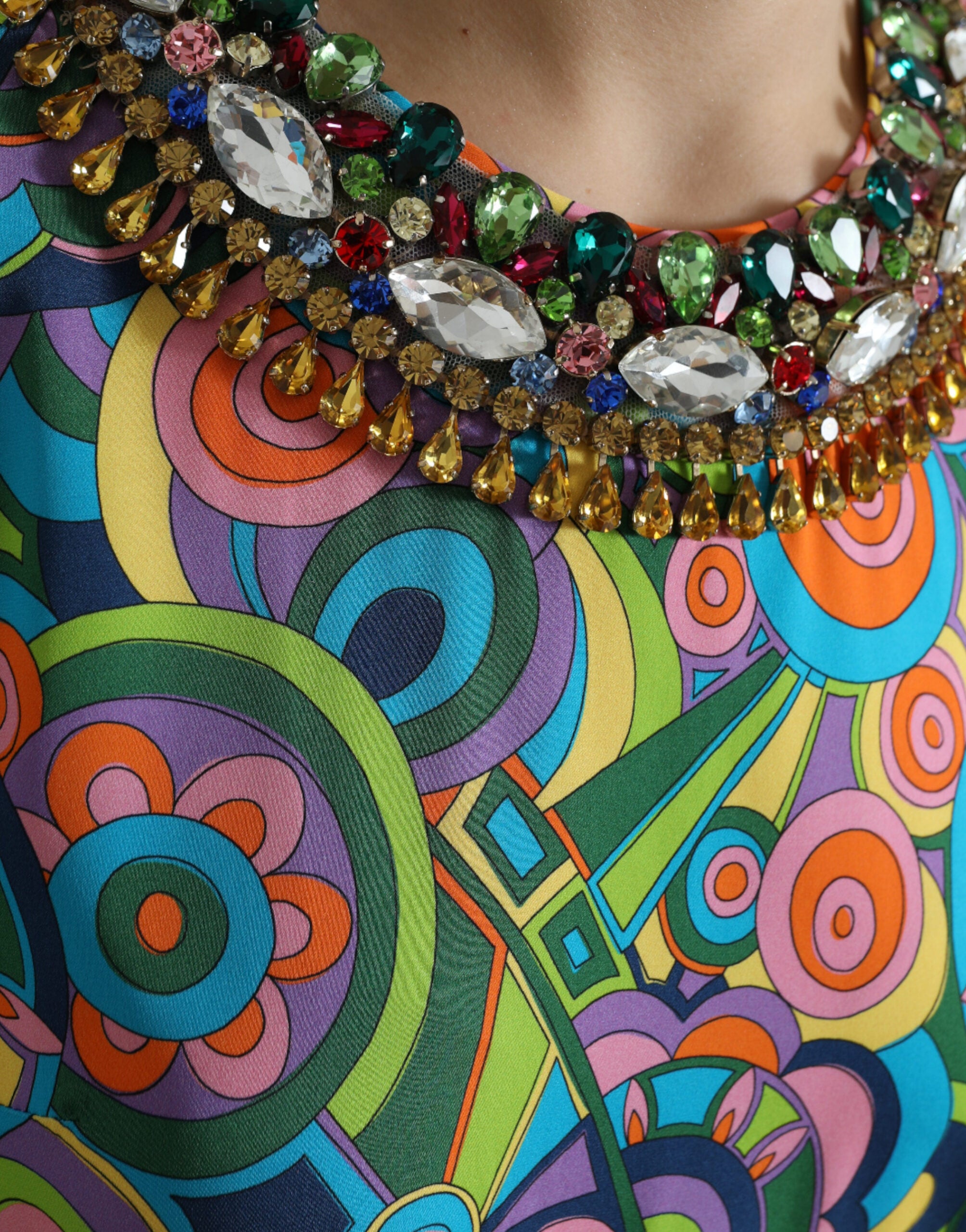 Dolce & Gabbana Multicolor Geometric Print Silk Crystals Midi Dress Dolce & Gabbana