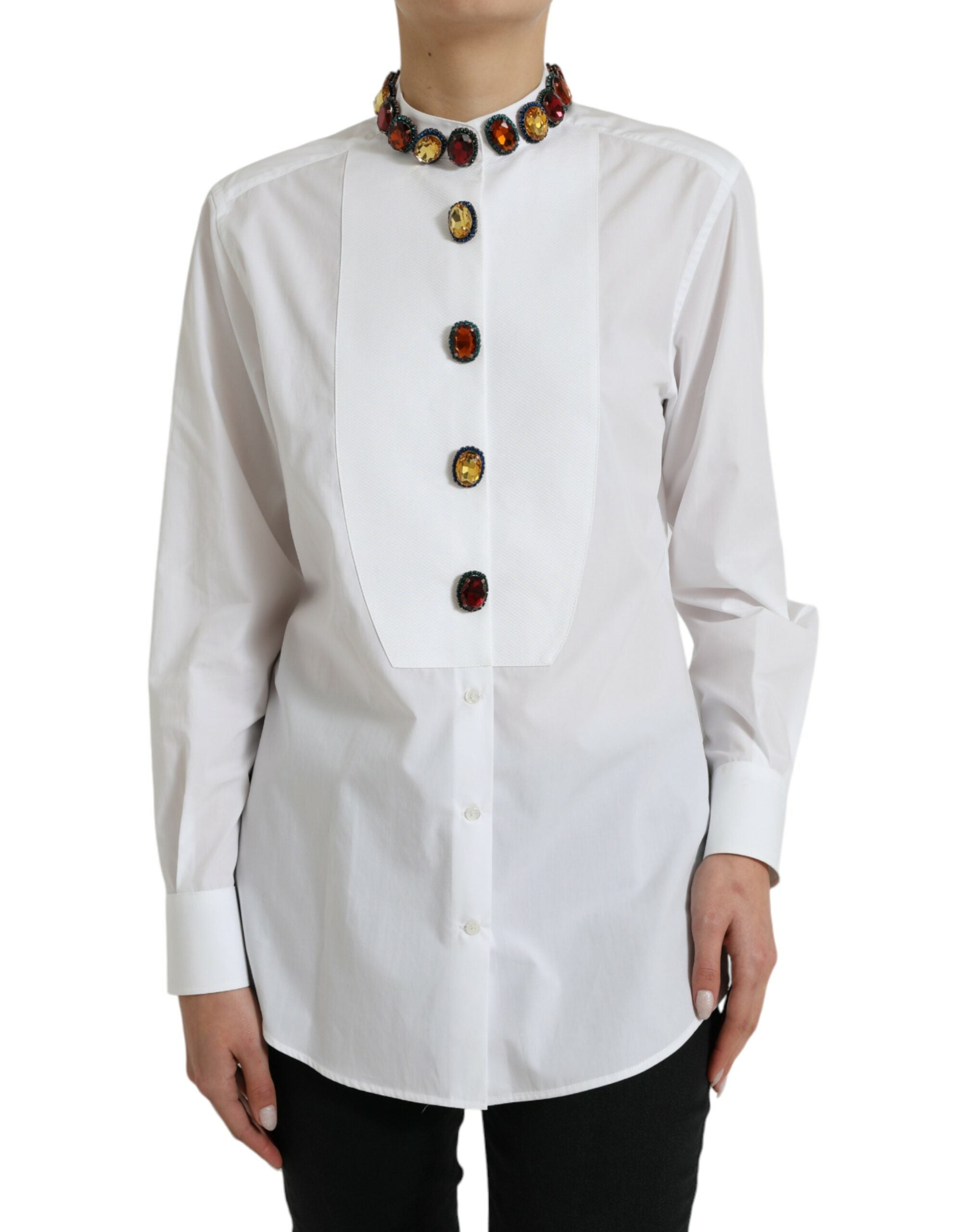 Dolce & Gabbana White Cotton Crystals Embellished Shirt Top Dolce & Gabbana