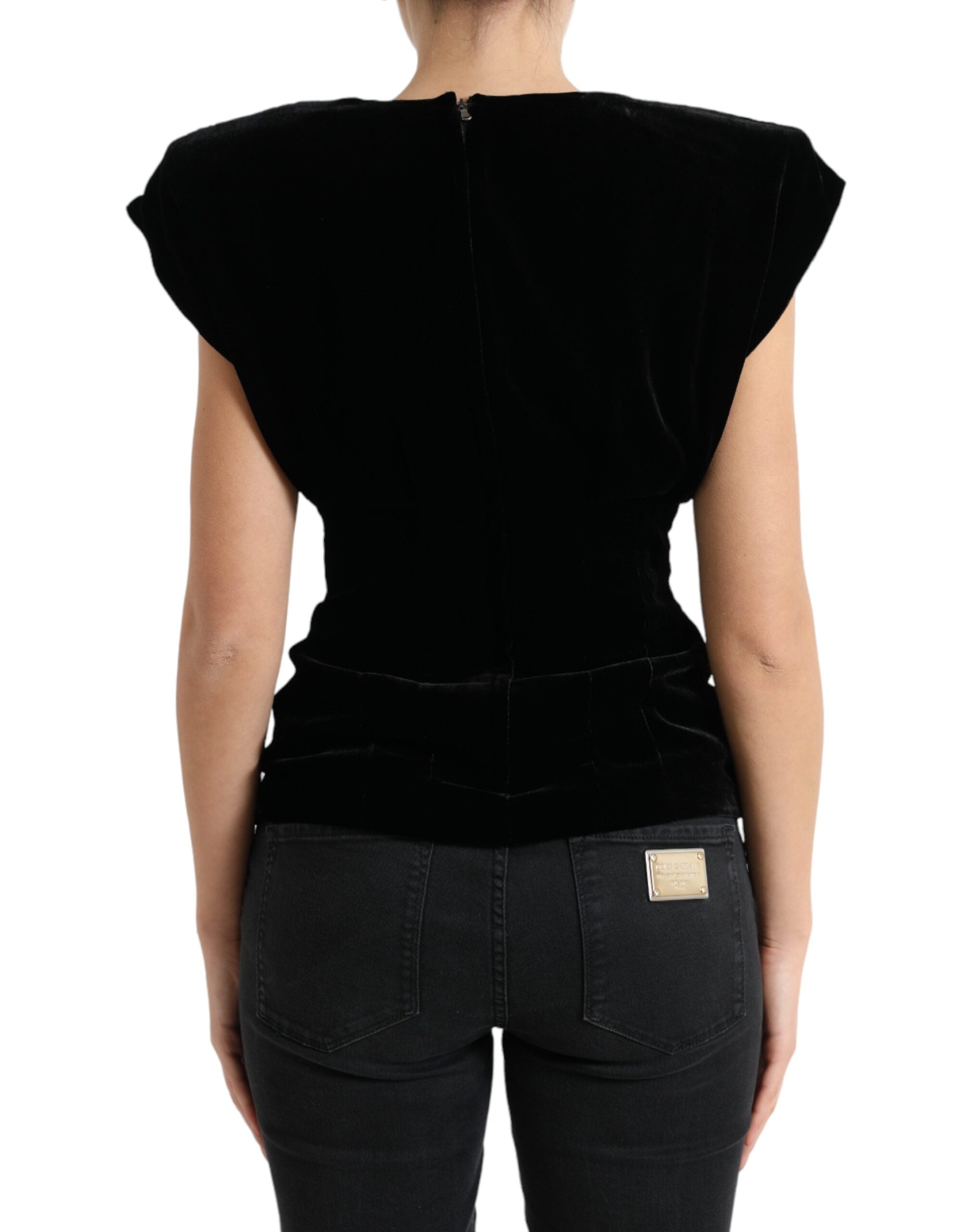 Dolce & Gabbana Black Velvet Fitted Padded Shoulder Blouse Top Dolce & Gabbana