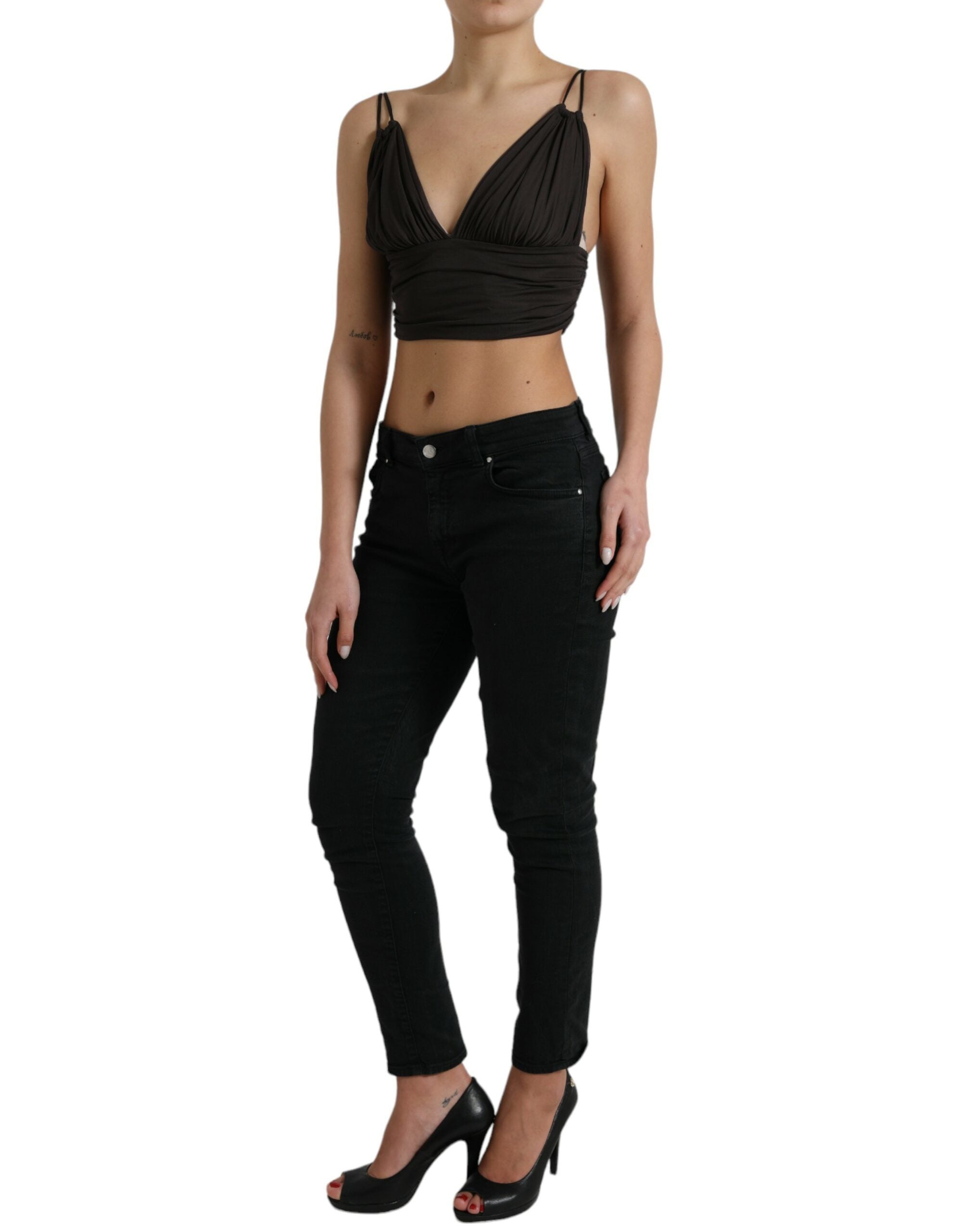 Dolce & Gabbana Brown Viscose Plunging V-neck Cropped Tank Top Dolce & Gabbana