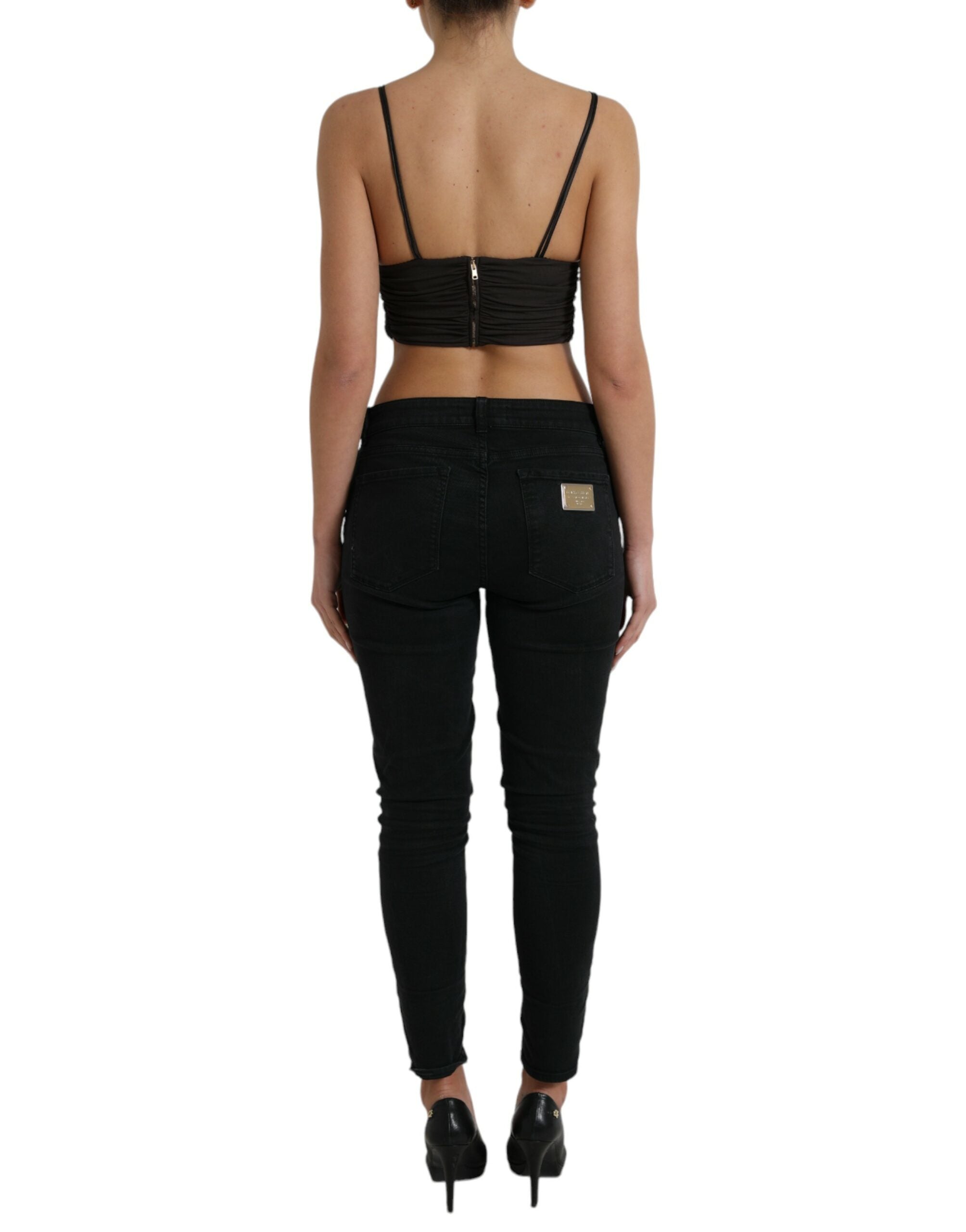 Dolce & Gabbana Brown Viscose Plunging V-neck Cropped Tank Top Dolce & Gabbana