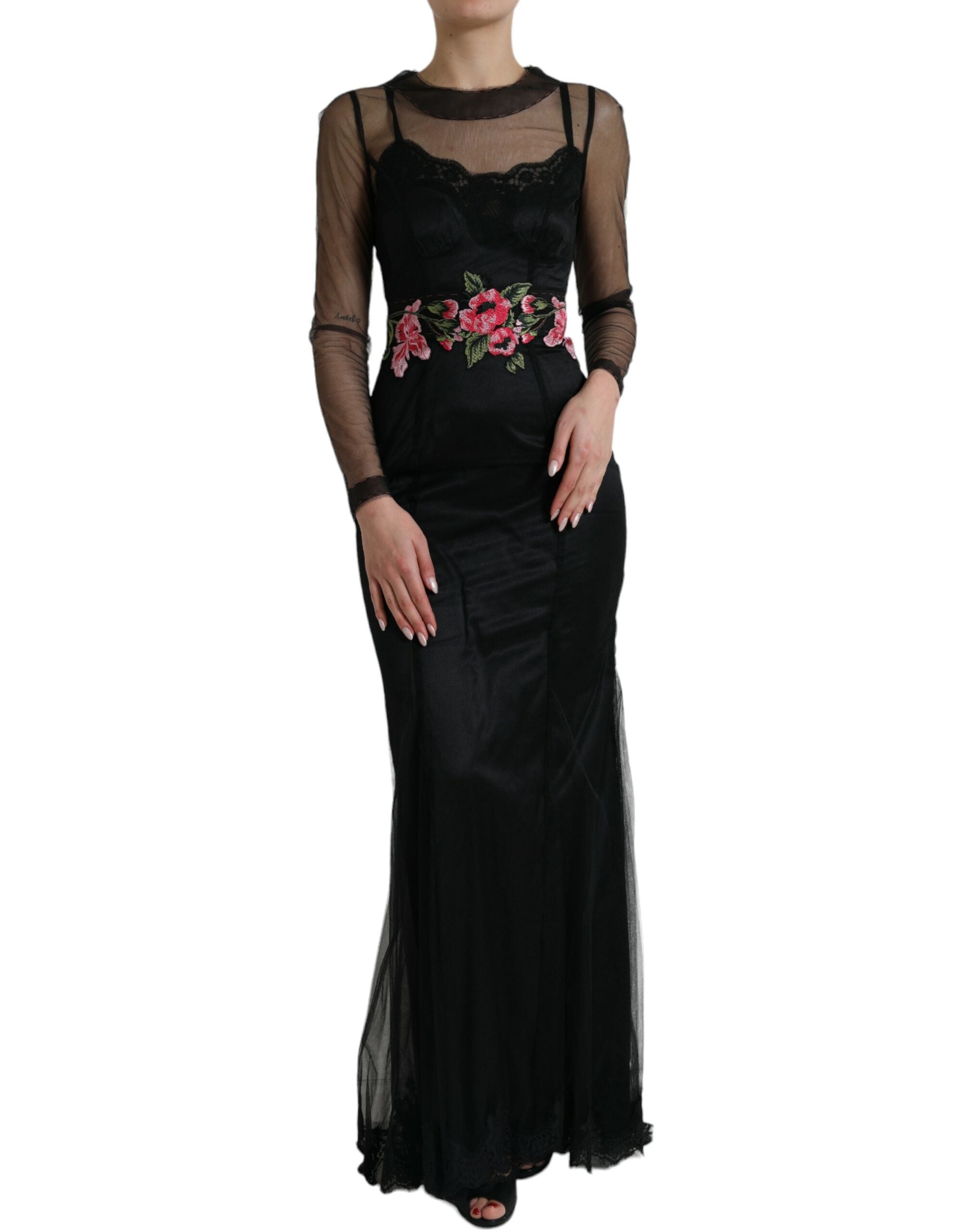 Dolce & Gabbana Black Floral Embroidery Mesh Tulle Gown Dress Dolce & Gabbana