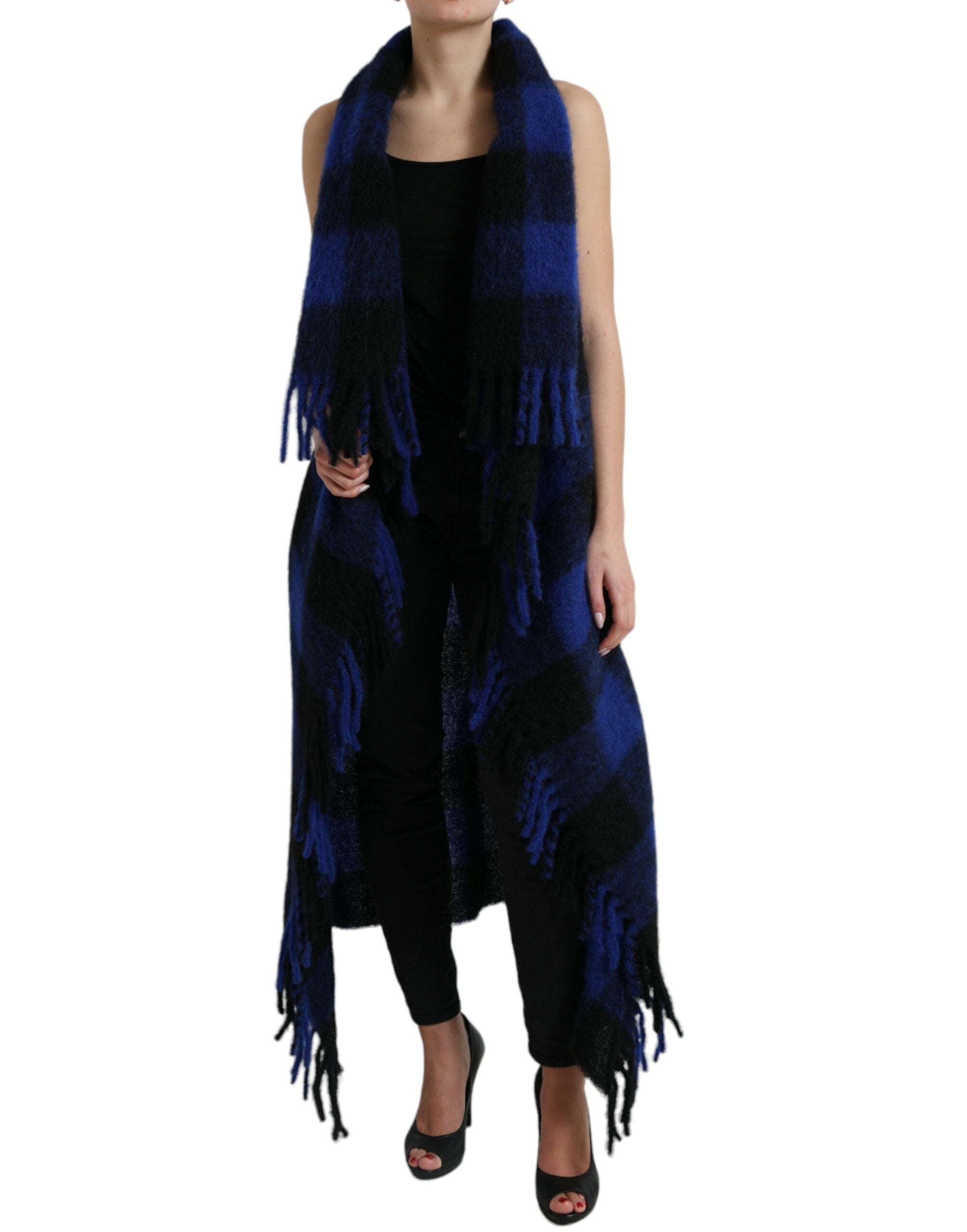 Dolce & Gabbana Black Blue Buffalo Check Poncho Coat Sweater Dolce & Gabbana