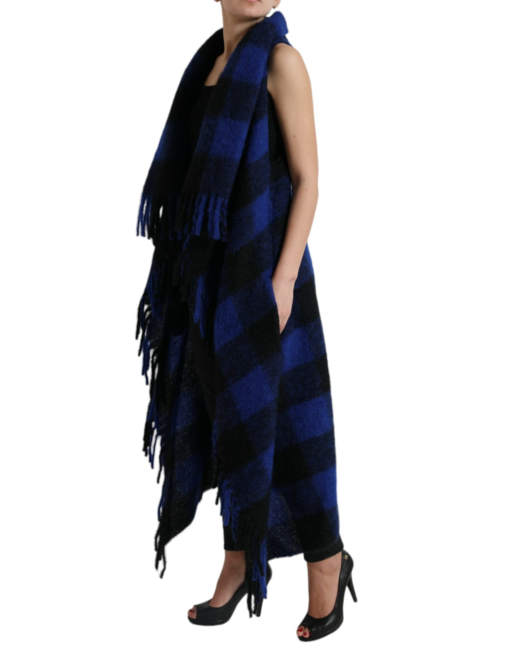 Dolce & Gabbana Black Blue Buffalo Check Poncho Coat Sweater Dolce & Gabbana
