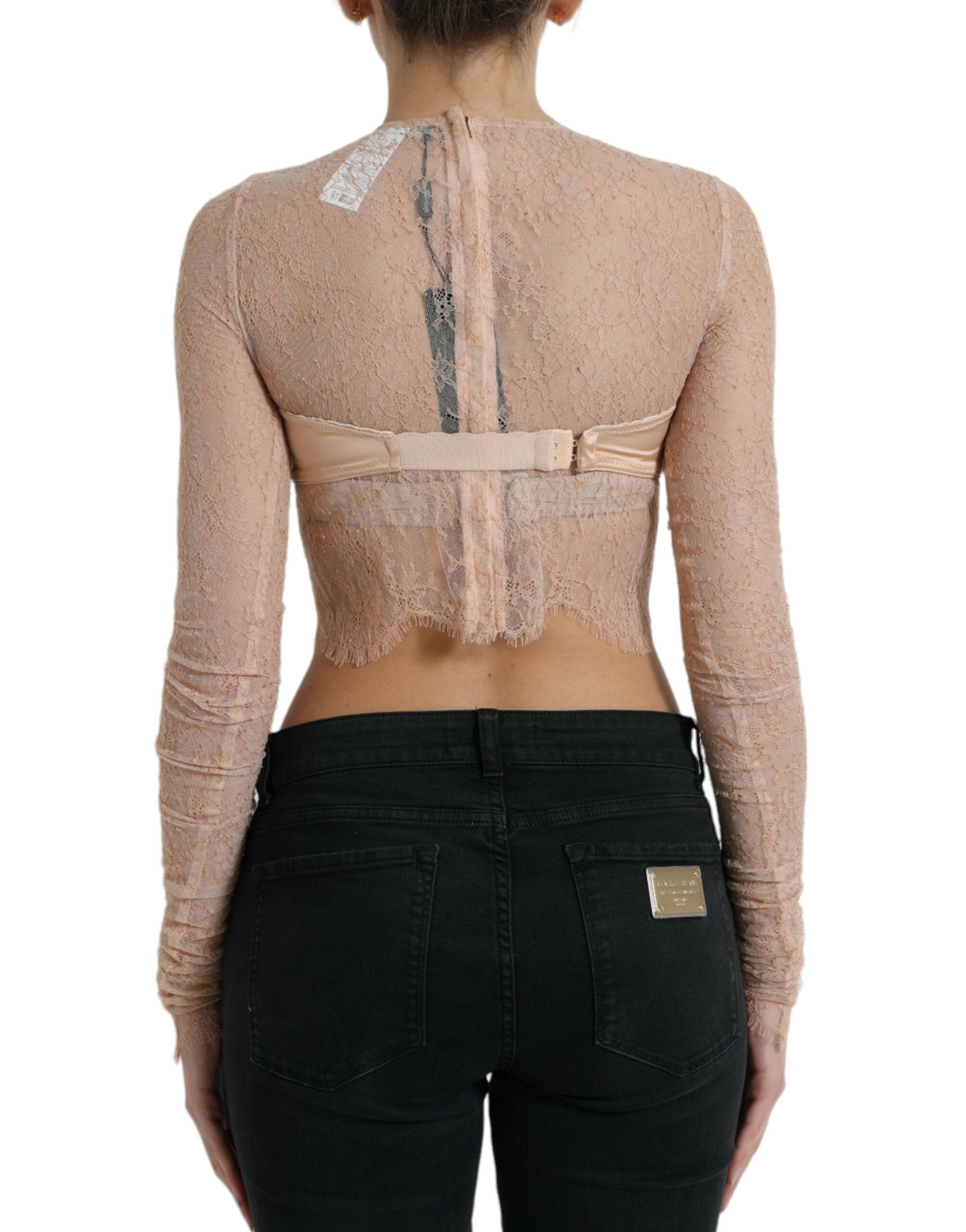 Dolce & Gabbana Beige Nylon Floral Lace Bustier Cropped Top Dolce & Gabbana