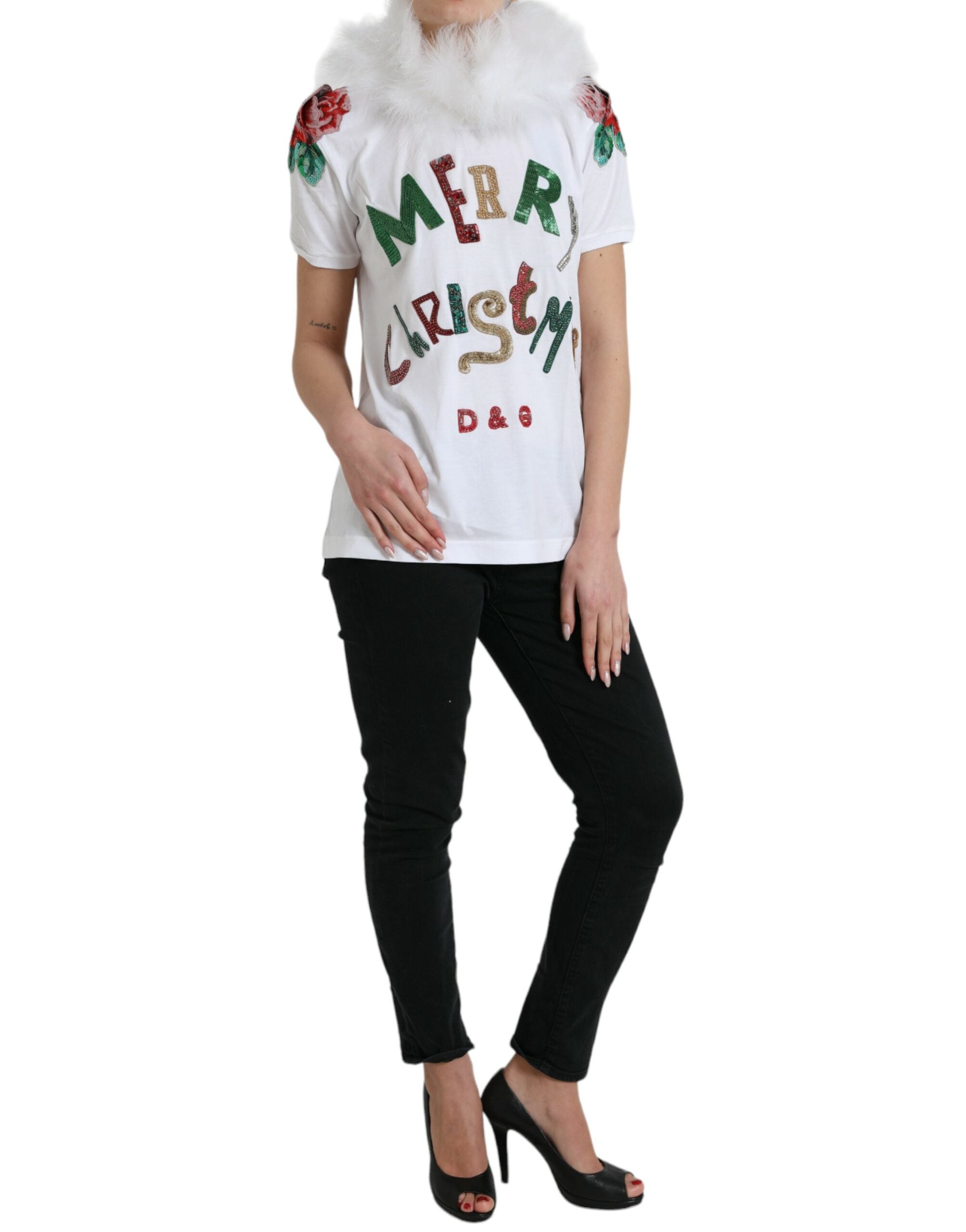 Dolce & Gabbana White Cotton Christmas Sequin Fur T-shirt Dolce & Gabbana