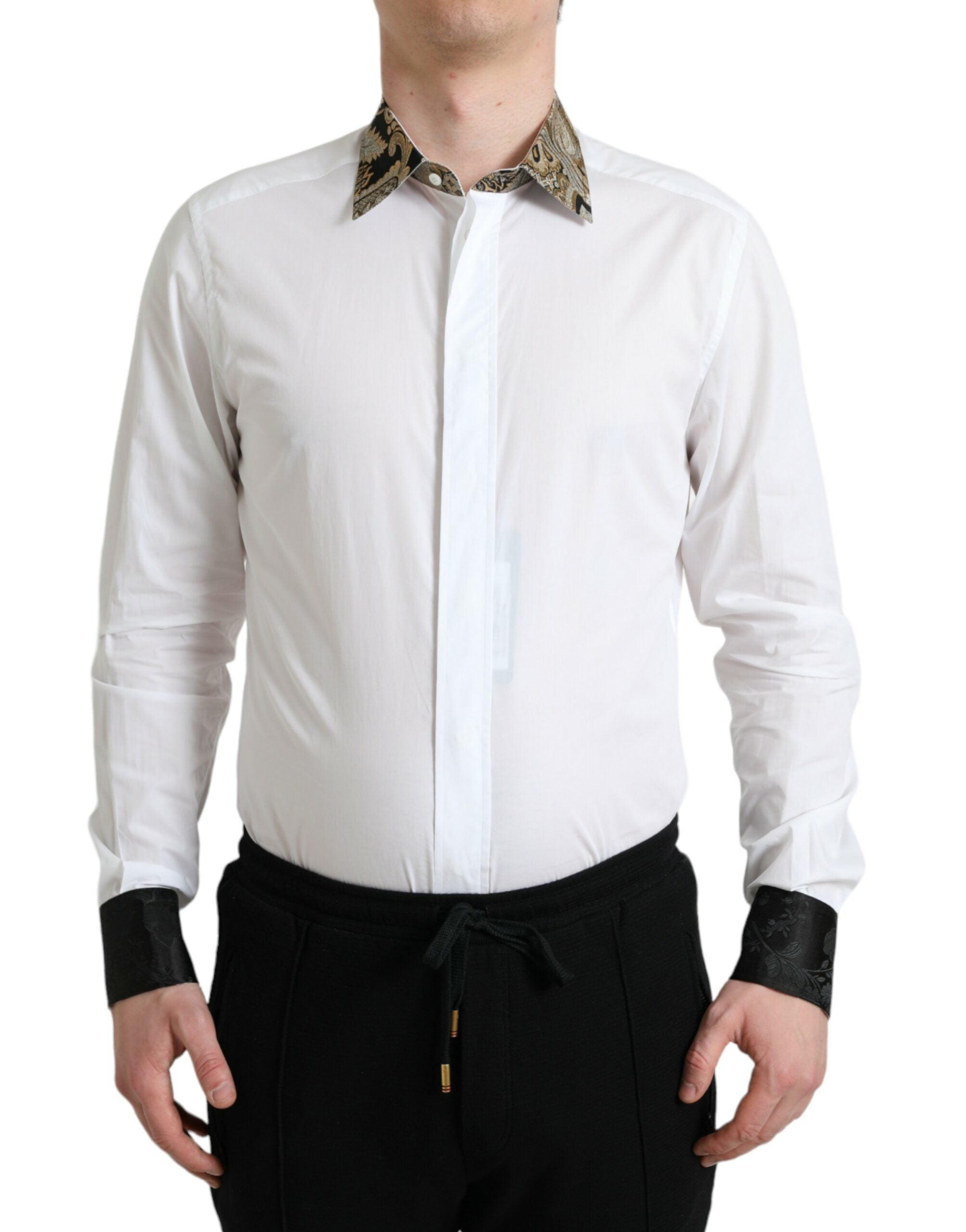Dolce & Gabbana White Cotton Jacquard Formal GOLD Dress Shirt Dolce & Gabbana