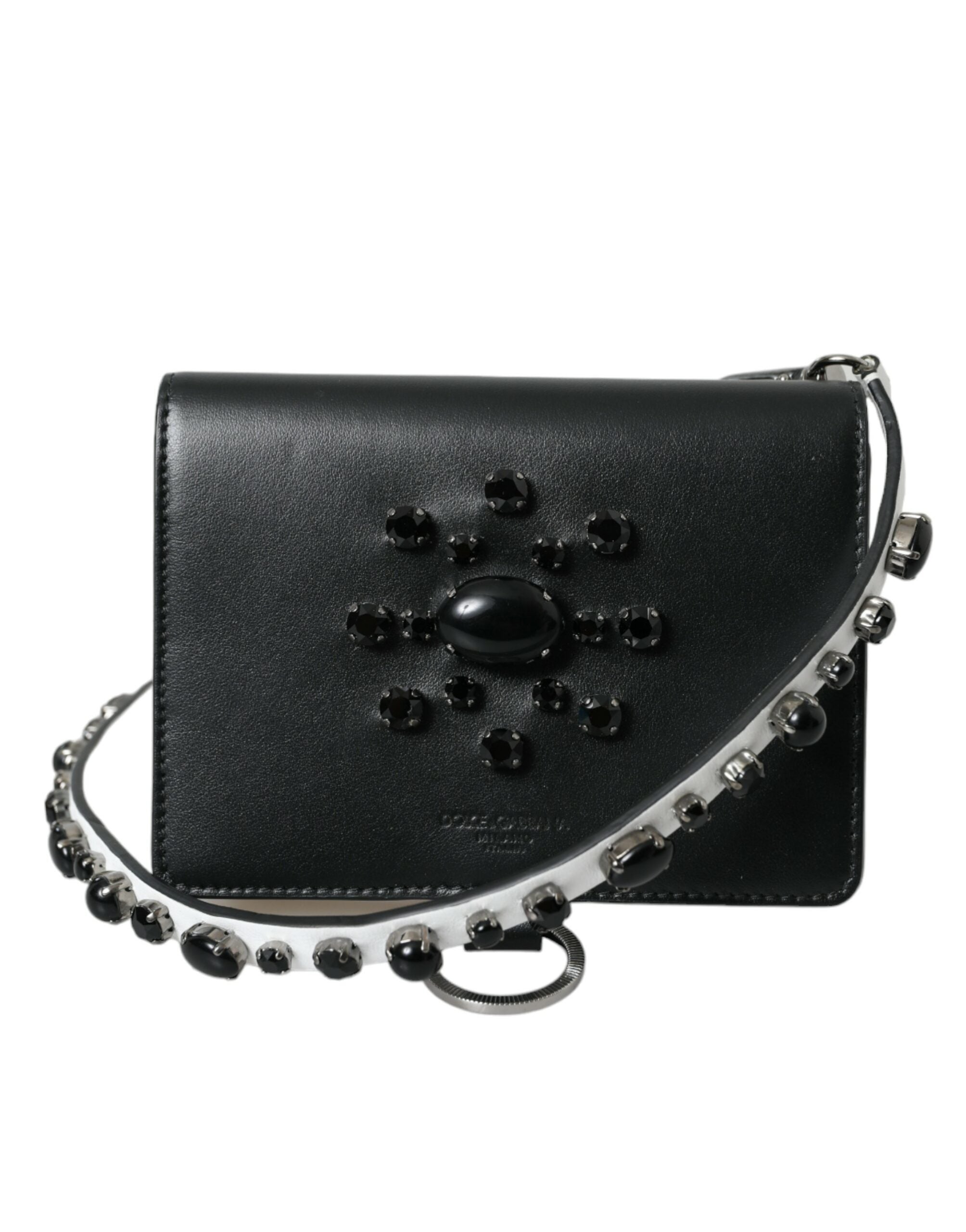 Dolce & Gabbana Black White Leather Crystal Embellished Cardholder Wallet Dolce & Gabbana