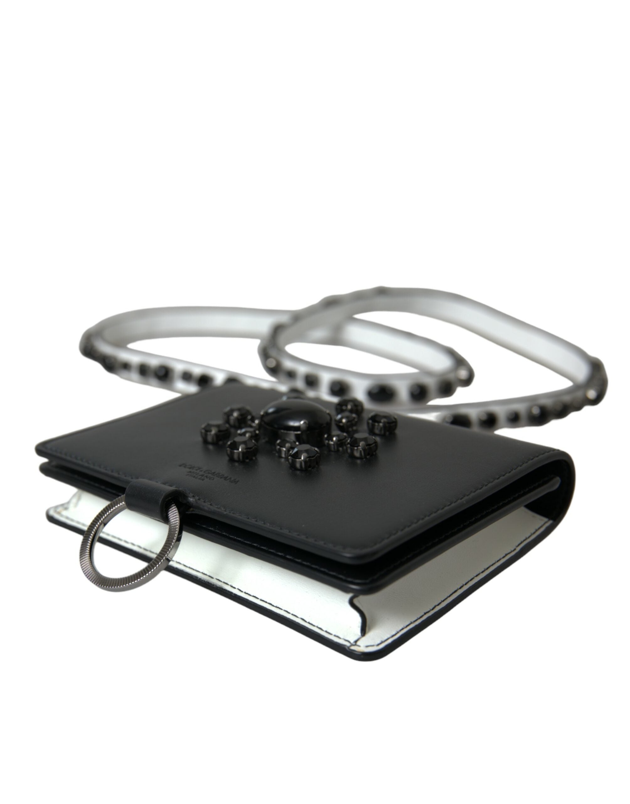 Dolce & Gabbana Black White Leather Crystal Embellished Cardholder Wallet Dolce & Gabbana