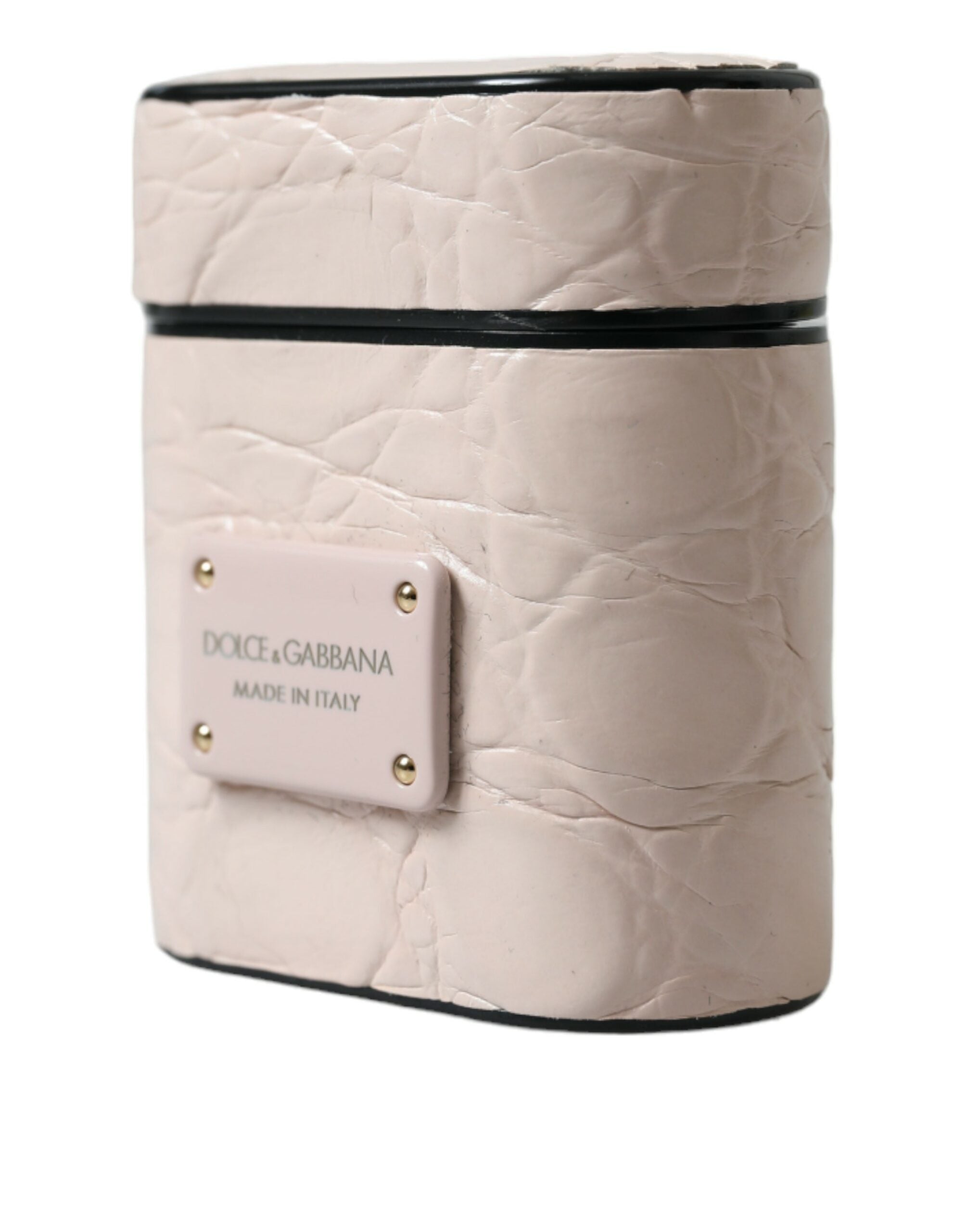 Dolce & Gabbana Light Pink Calf Leather Metal Logo Plaque Airpods Case Dolce & Gabbana