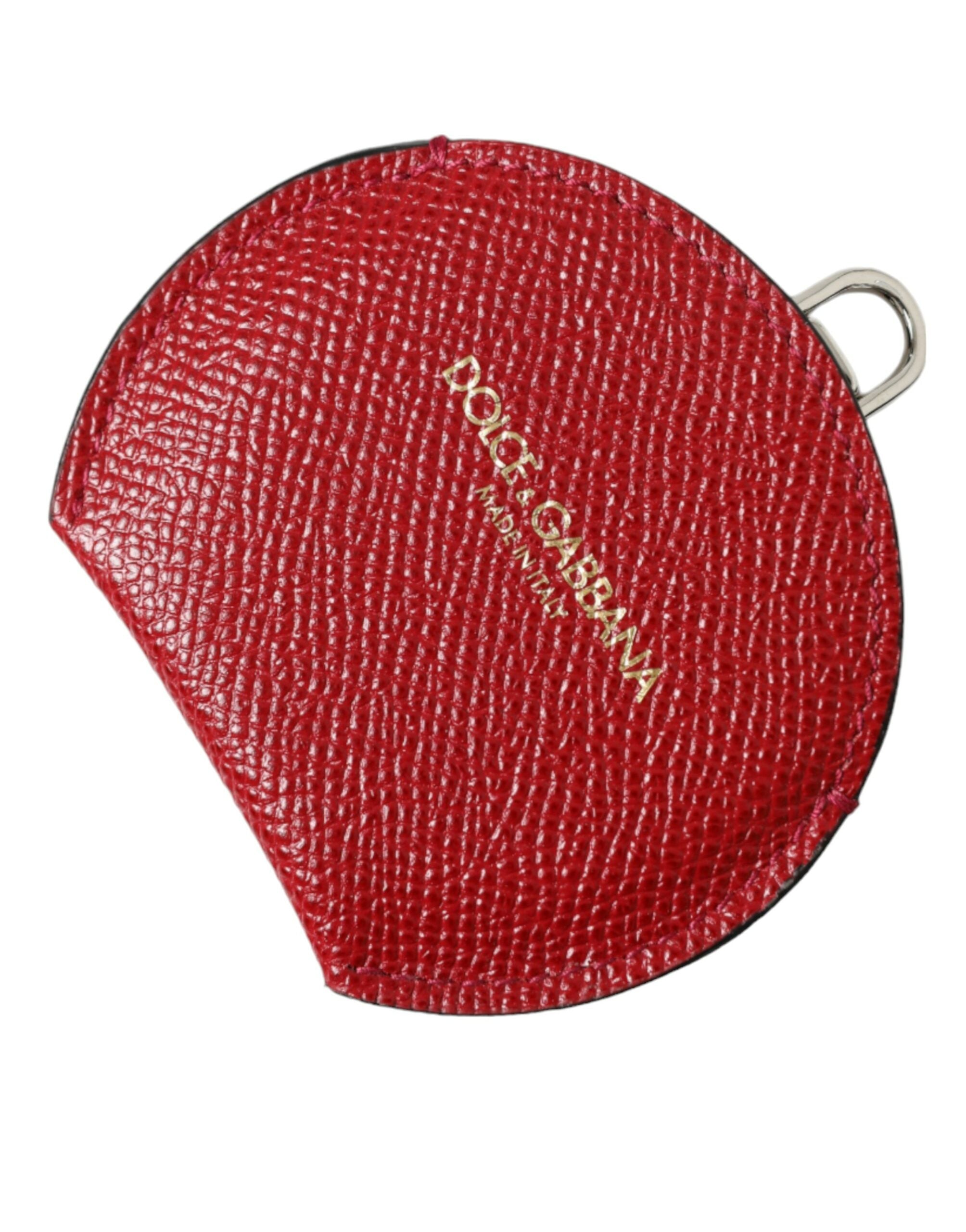 Dolce & Gabbana Red Calfskin Leather Round Logo Hand Mirror Holder Dolce & Gabbana