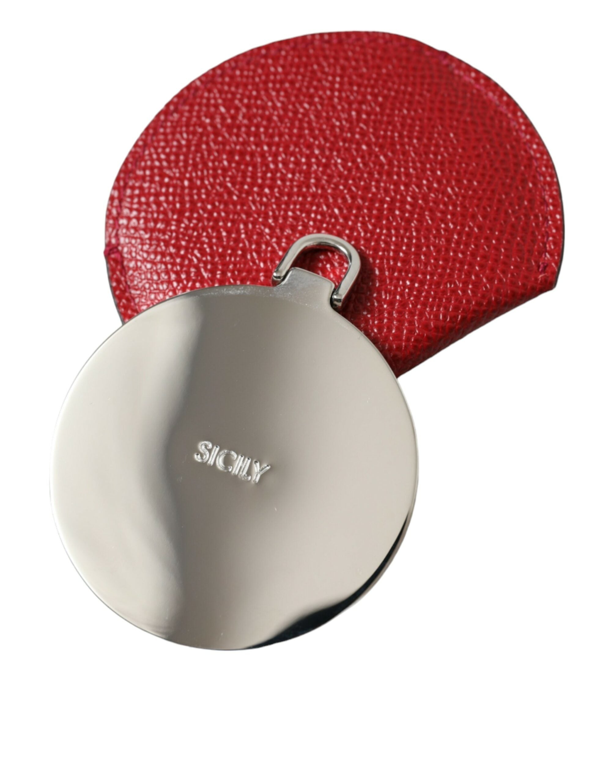 Dolce & Gabbana Red Calfskin Leather Round Logo Hand Mirror Holder Dolce & Gabbana