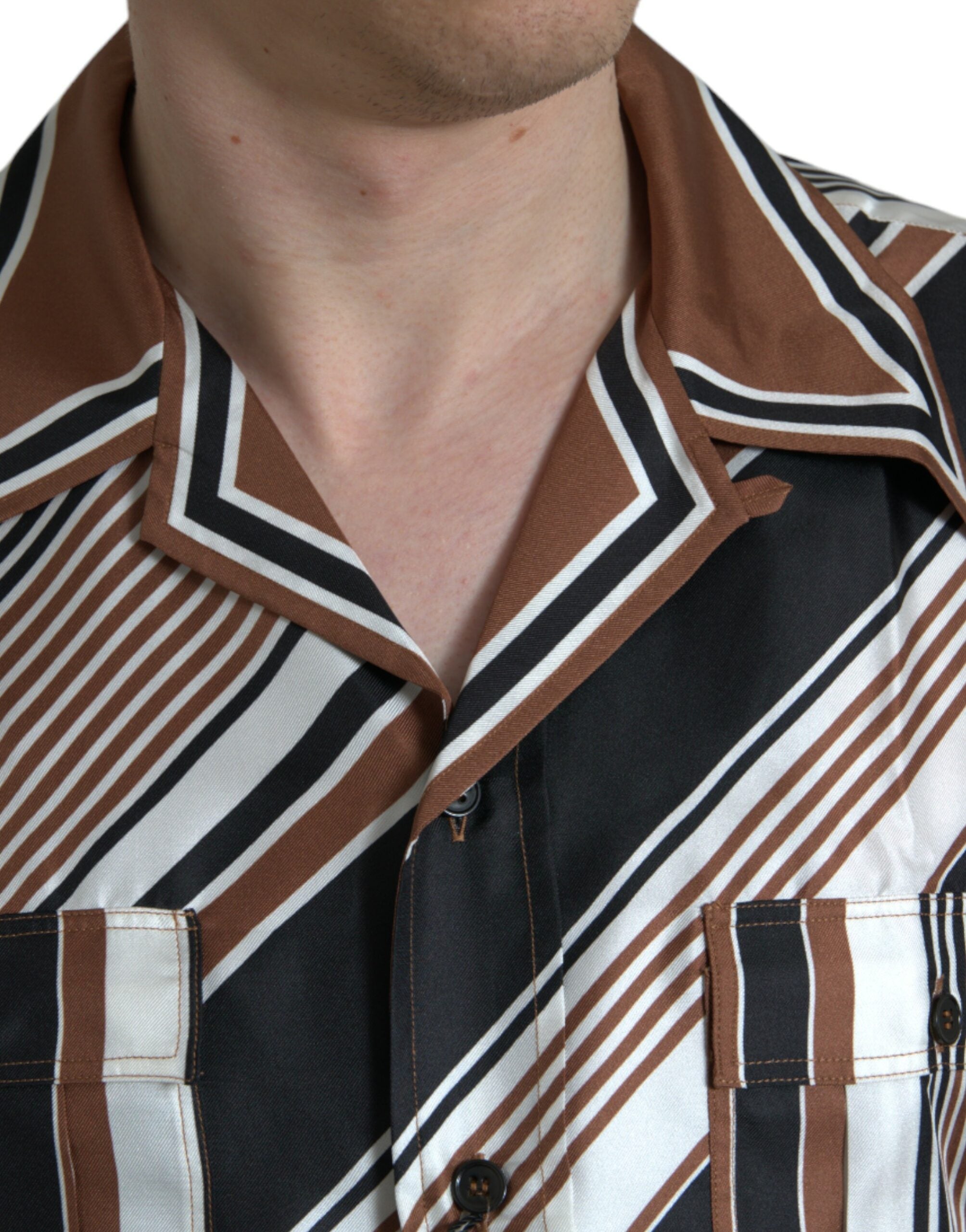 Dolce & Gabbana Brown White Silk Striped Short Sleeve Shirt Dolce & Gabbana