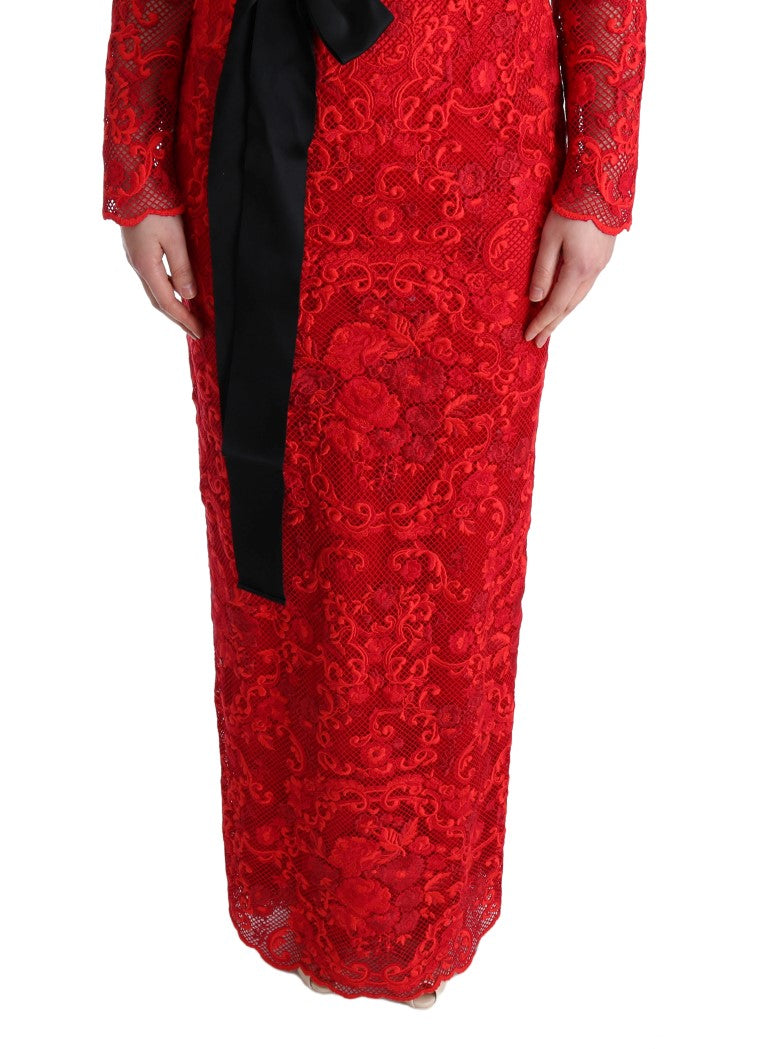 Dolce & Gabbana Red Floral Ricamo Sheath Long Dress Dolce & Gabbana